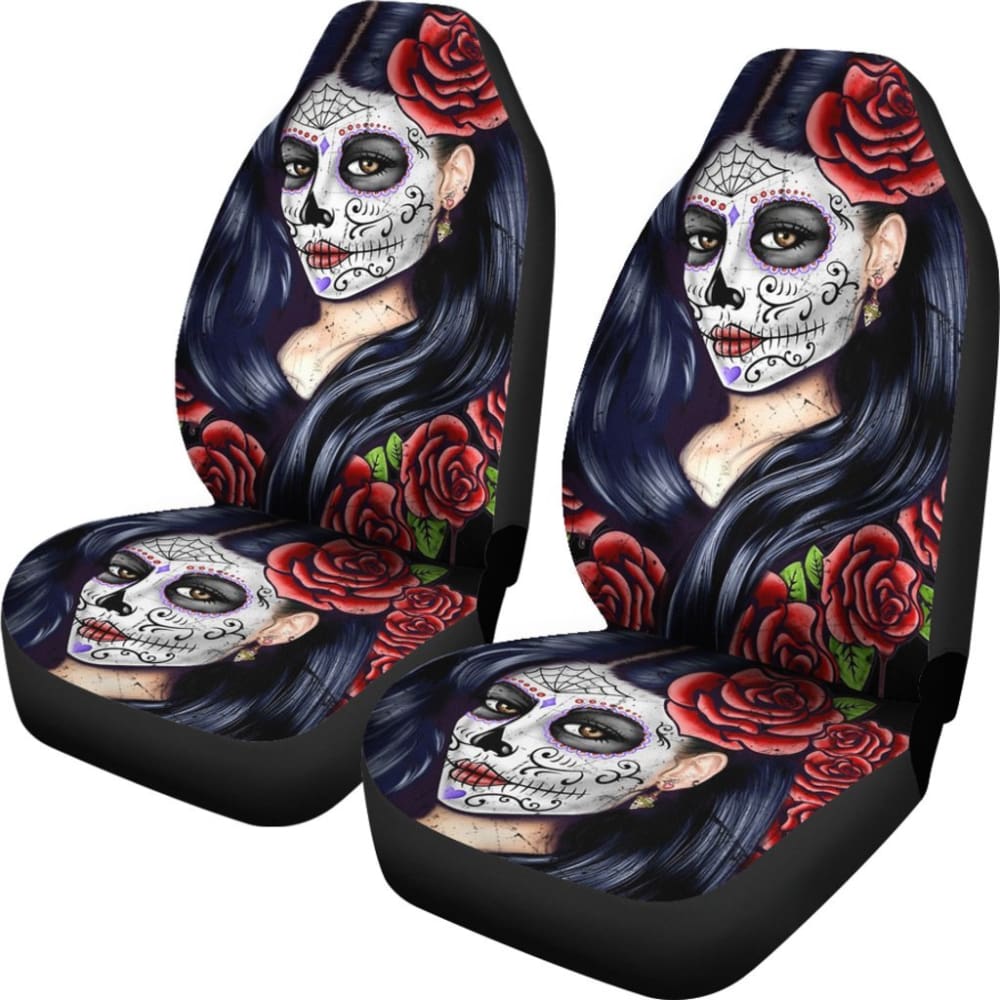 2 Pcs Sugar Skull Girl Car Seat Covers - Gothic Mexican Style Universal Fit for Cars, Trucks & SUVs - Perfect for Halloween, Dia de Los Muertos & Themed Parties