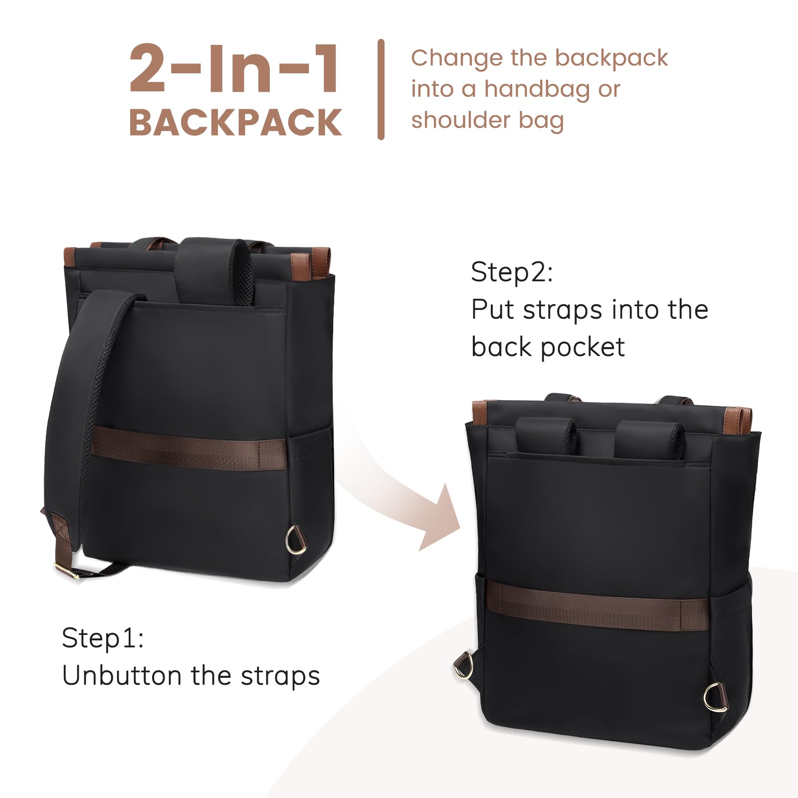 Convertible Laptop Backpack for Women & Men - 16Inch Black Daypack for Work, Travel & College