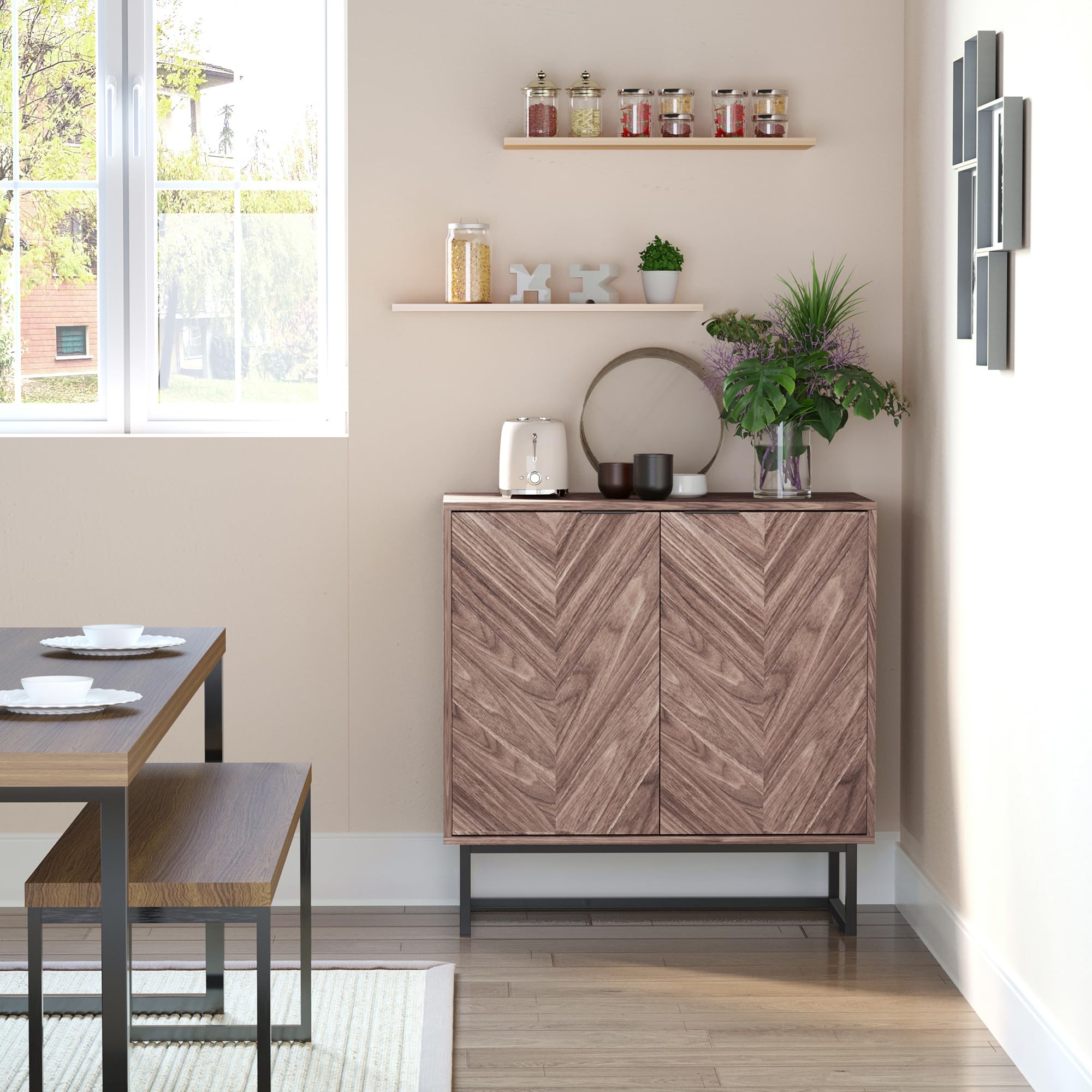 HOMCOM Sideboard Buffet Cabinet - Chevron Double Door Kitchen Storage Cabinet with Adjustable Shelf, Walnut Finish - Perfect for Dining Room, Living Room & Kitchen Organization