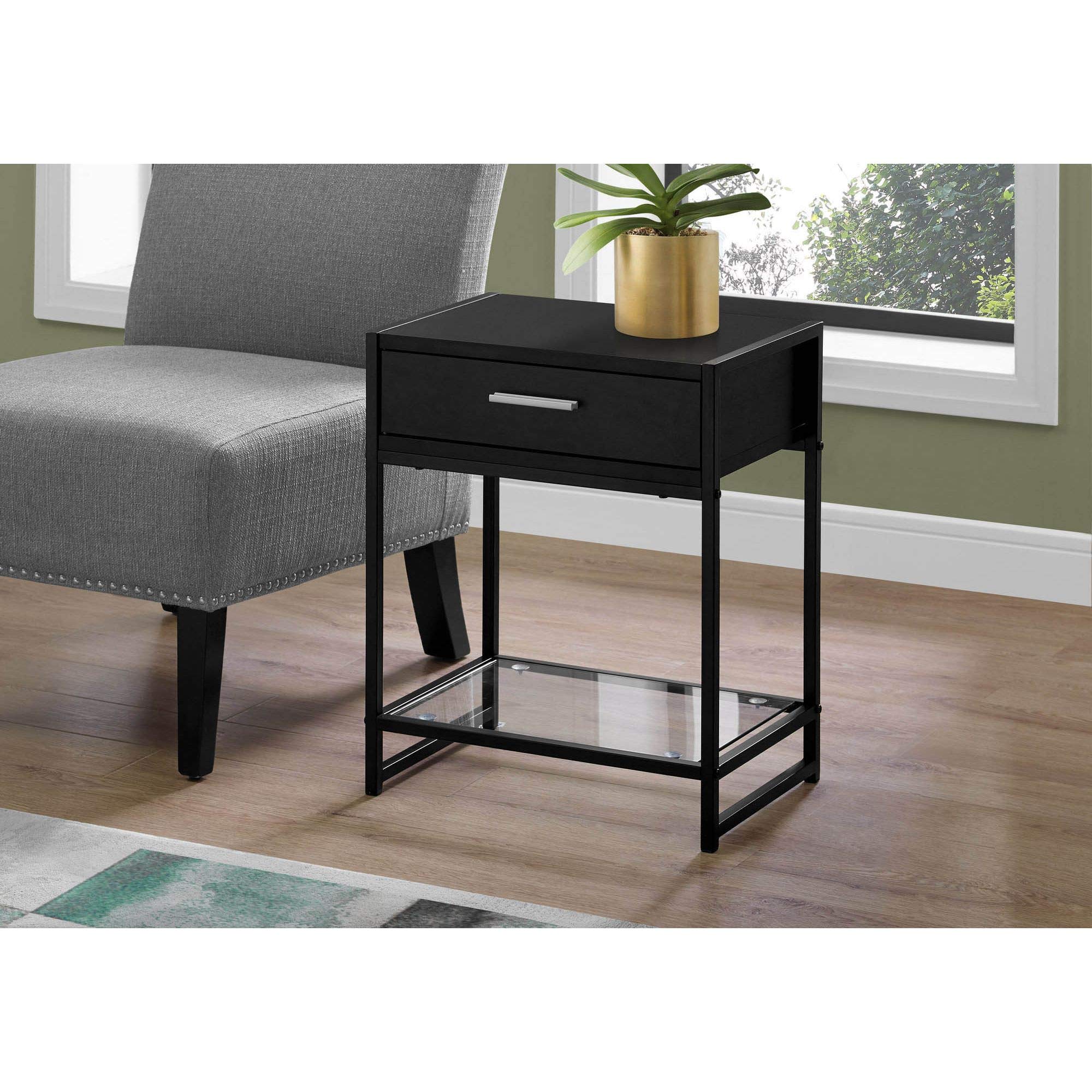 Offex 22 Inch Tempered Glass Accent Table - Modern Black End Table & Nightstand with Metal Accents - Perfect for Living Room, Bedroom, or Office Decor