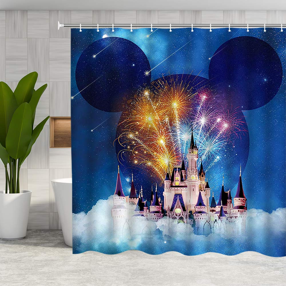 Fantasy Castle Shower Curtain - Blue Background with Colorful Fireworks & Pink Castle Design, 72x72 Inches Polyester Fabric Bathroom Decor with Hooks - Perfect for Kids' Bathrooms, Princess Themed Rooms, and Whimsical Home Decor