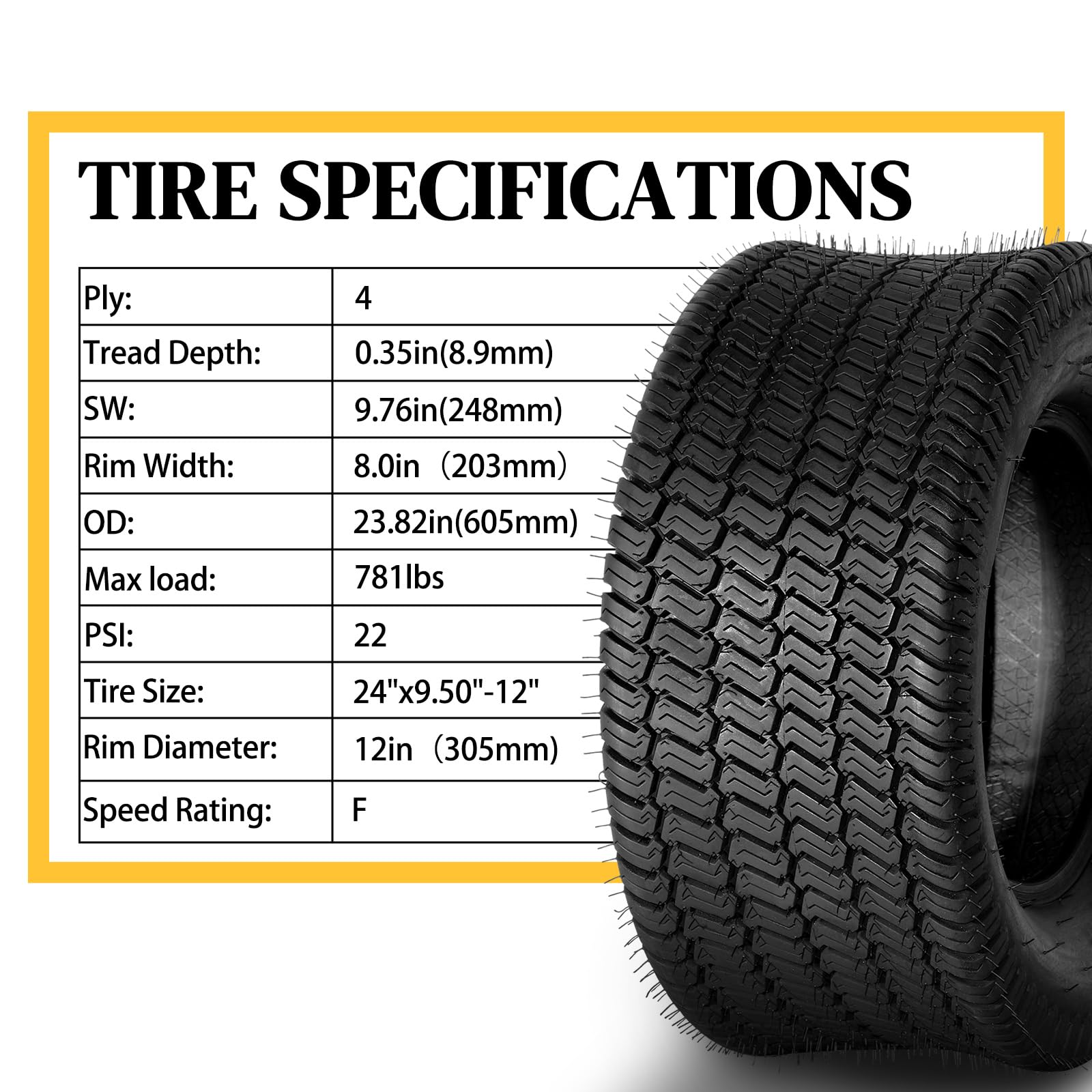 Set of 2 24x9.50-12 Tubeless Bias Tires - 4PR LRB for Lawn Mowers, Golf Carts & Tractors | Heavy-Duty Turf Tires for All-Terrain Performance, Smooth Ride & Enhanced Traction