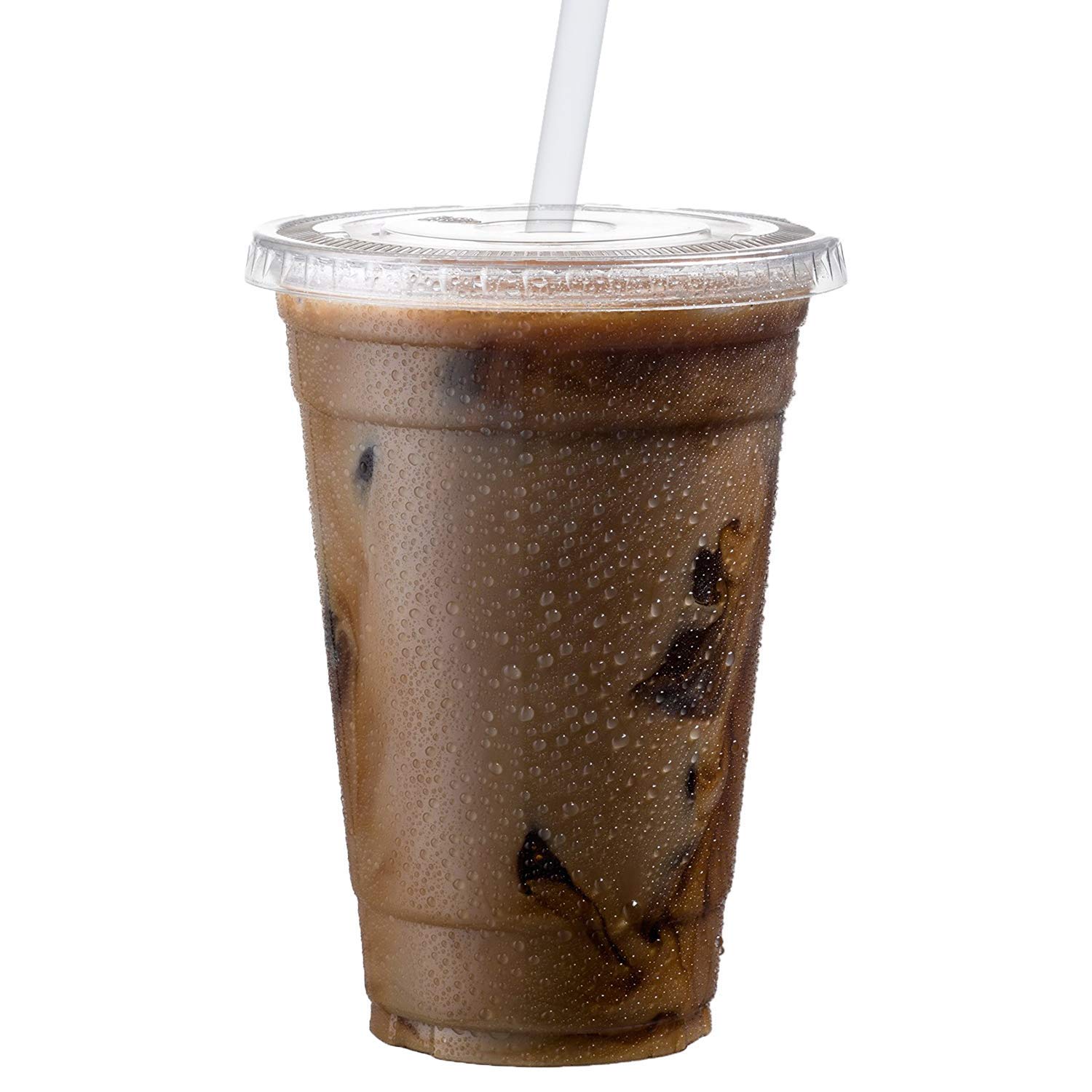 100-Pack AME D'ESSENCE 24oz Disposable Clear Plastic Cups with Flat Lids & Bonus Straws - Ideal for Iced Coffee, Parties, and Beverage Service (50 Cups + 50 Lids)
