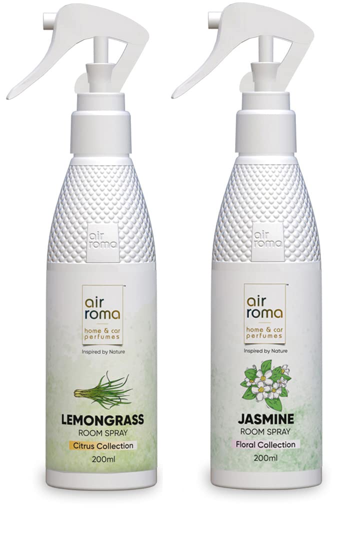 Natural AIR-ROMA Lemongrass & Jasmine Scented Air Freshener Spray - Long Lasting Odor Eliminator for Home, Office, Bathroom, Living Room & Hotel (2 Pack, 200ml Each) | Perfect for Freshening Small Spaces, Cars & Work Desks