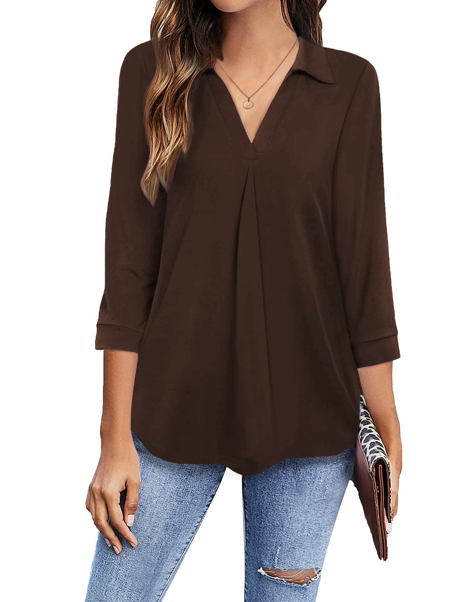Newchoice Women's Collared V-Neck 3/4 Sleeve Blouse - Business Casual Tops, Loose Fit Work Shirts for Office & Everyday Wear (Sizes S-3XL) - Perfect for Office, Meetings & Smart Casual Outfits