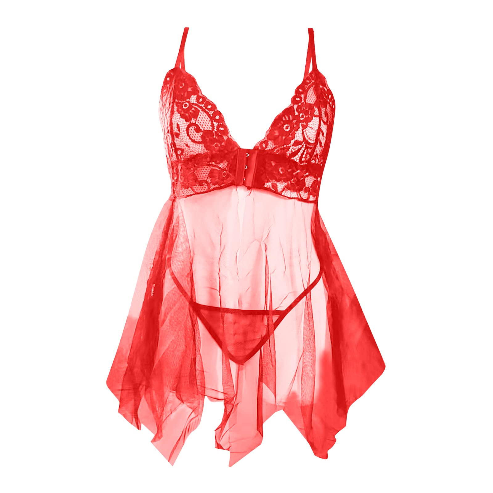 2-Piece Lace Babydoll Lingerie Set for Women - Sheer Silk Chemise with Front Closure & Matching Thong - Sexy Nightwear for Romantic Evenings, Honeymoon, Valentine's Gift or Boudoir Photography