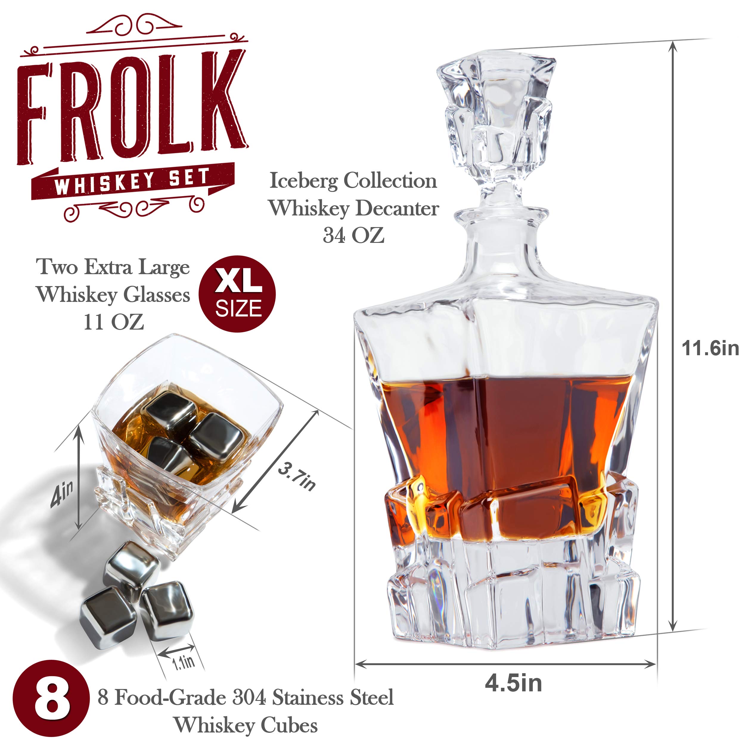 Premium Whiskey Decanter Set with 2 Glasses, 8 Stainless Steel Ice Cubes & Slate Coasters - Luxury Whiskey Gift Set for Men in Elegant Pinewood Box - Perfect for Home Bars, Gifts & Bourbon Tasting Parties