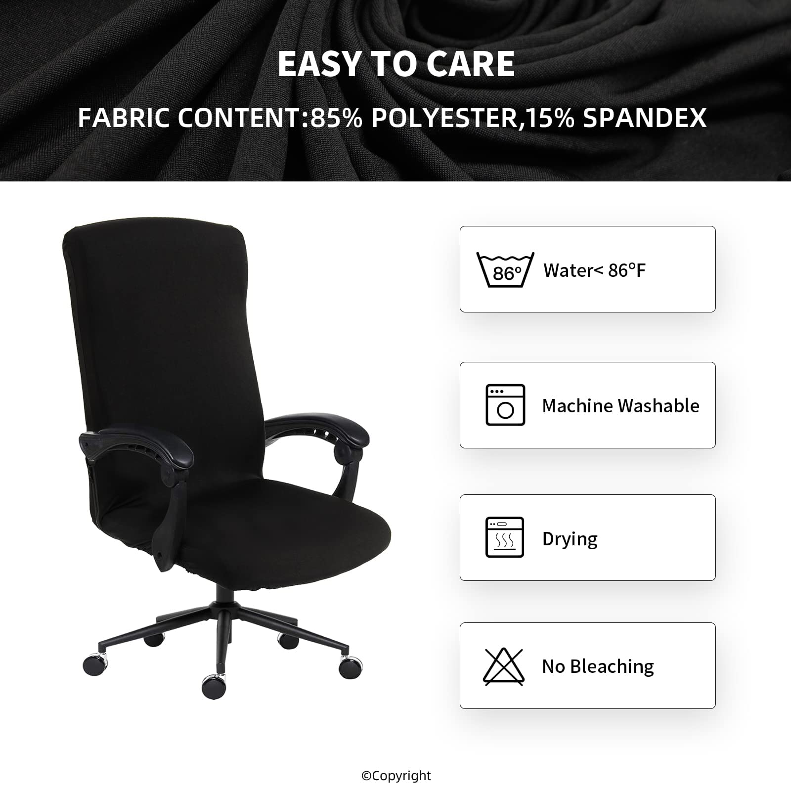 Waterproof Office Chair Cover with Heavy Duty Zipper - Stretchable Universal Computer Chair Protector - Soft Polyester Slipcover for Swivel Chair, Desk Chair (Black) - Perfect for Home Office, Gaming Setup & Conference Rooms