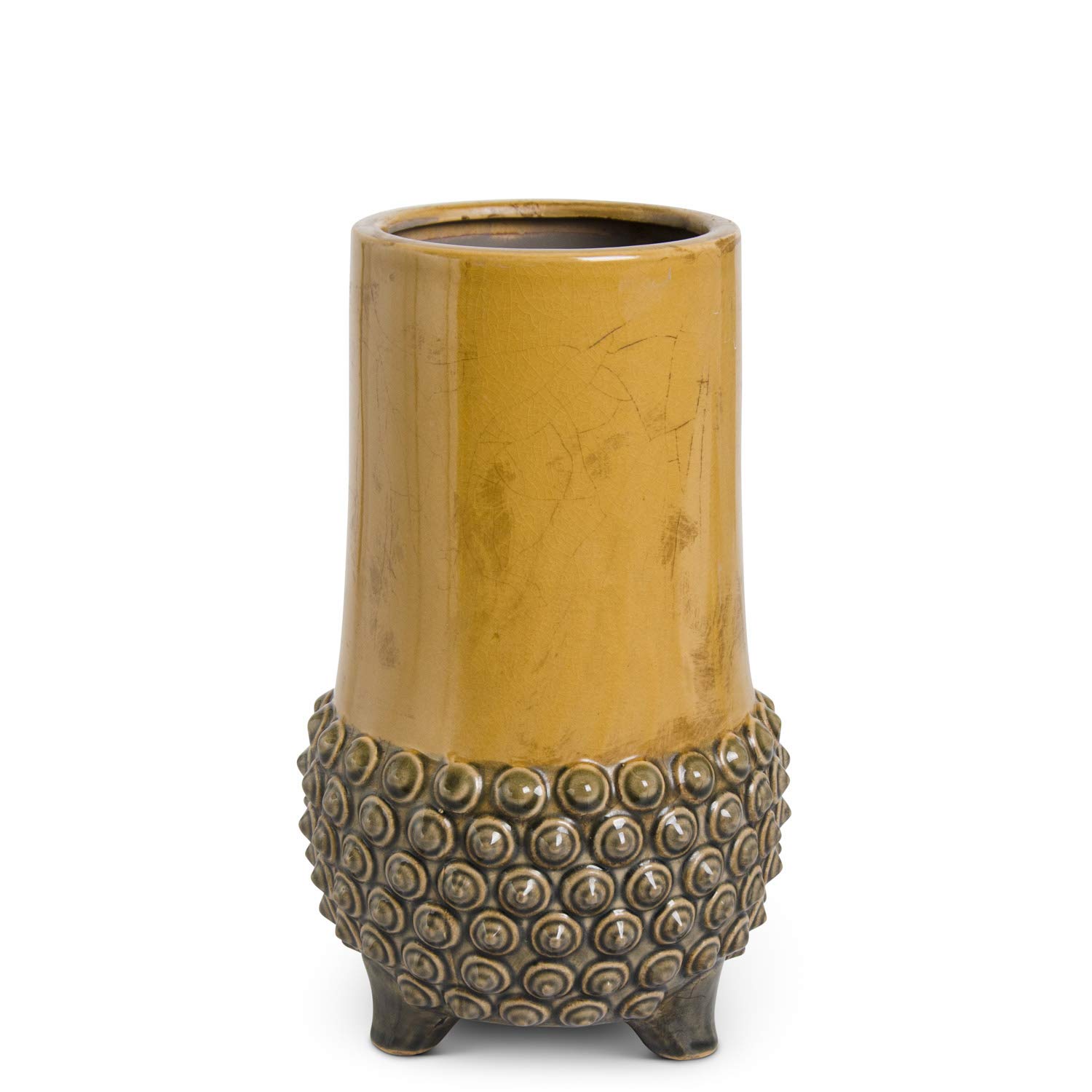 K&K Interiors 11.5 Inch Crackled Butterscotch Glazed Terracotta Vase with Gray Hobnail Base - Handmade Clay Flower Pot for Home Decor, Wedding Centerpiece & Farmhouse Style Interior Design