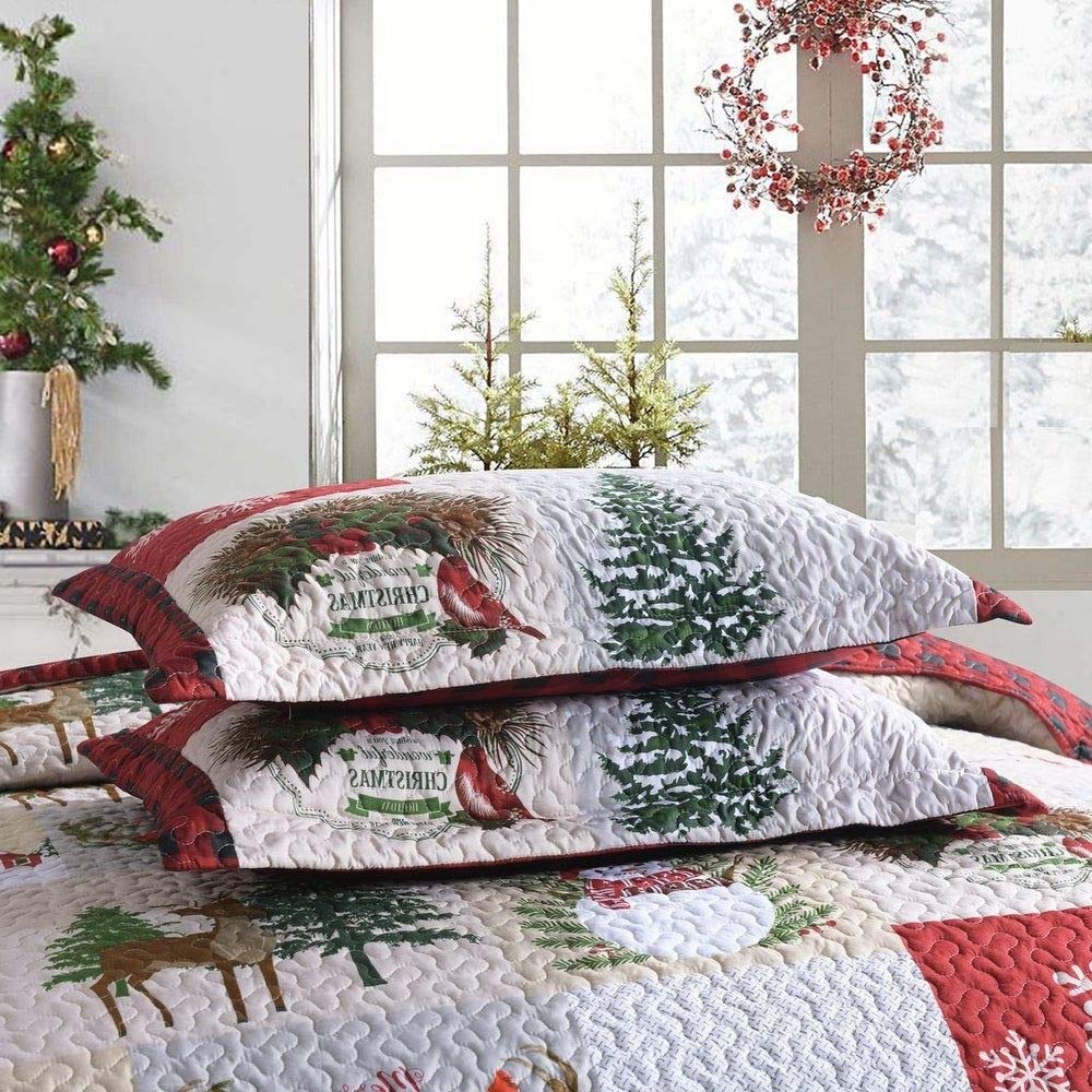 3-Piece King Size Winter Christmas Quilt Set - Snowman Snowflake Deer Tree Wreath Design, Reversible Buffalo Plaid Checkered Patchwork in White & Red - Cozy Rustic Bedding for Holiday Home Decor