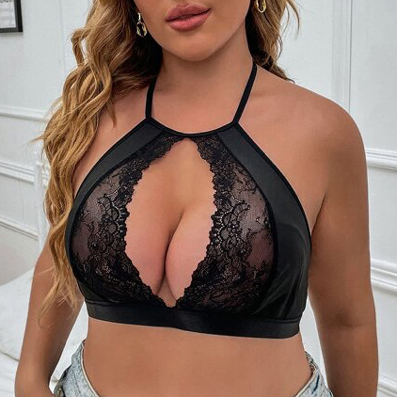 Plus Size Women's Sexy Cut Out Bralette - Floral Lace Unlined Halter Brassiere for Valentine's Nightwear & Boudoir Lingerie | Comfortable for Sleepwear, Date Night & Special Occasions
