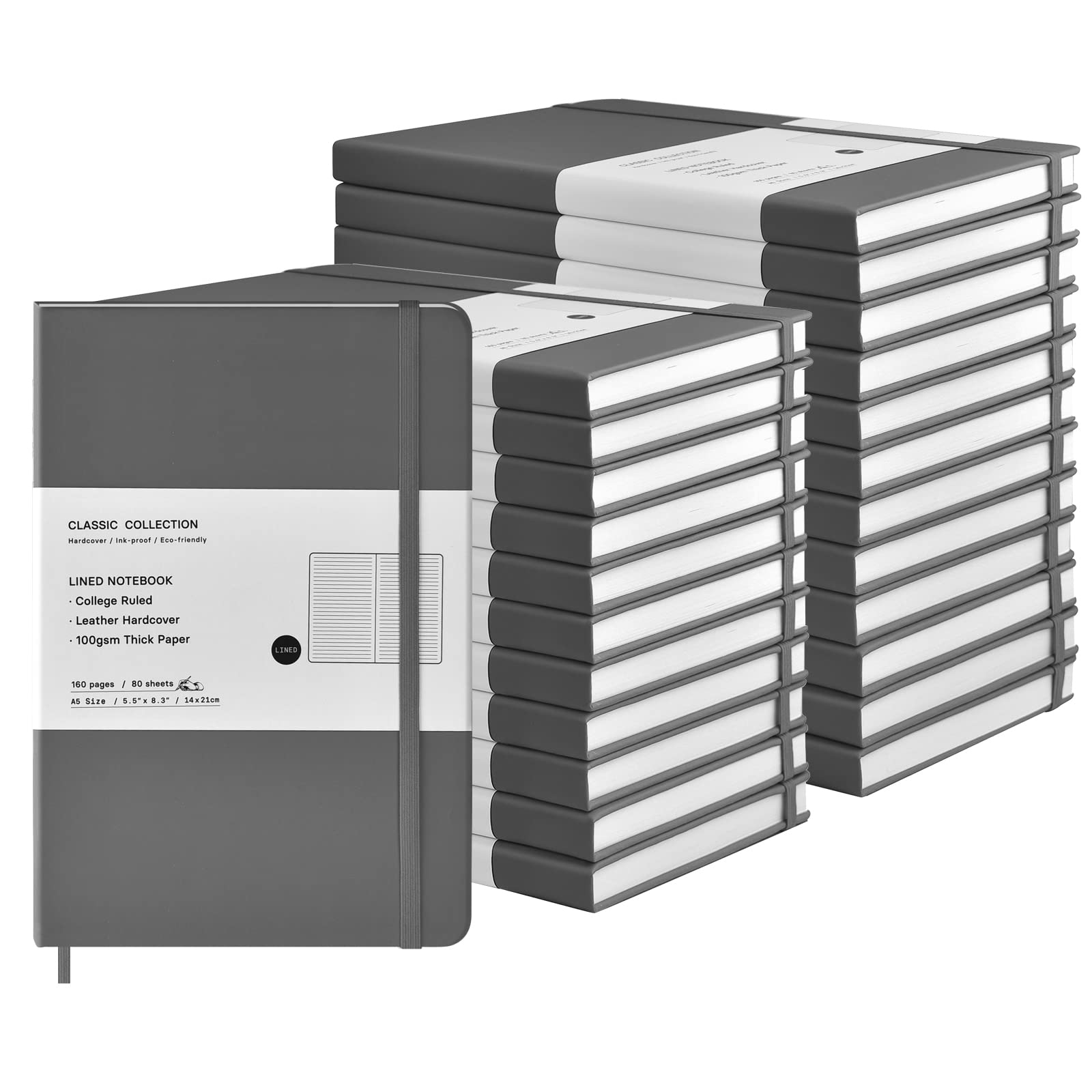 Coopay 24 Pack A5 Lined Hardcover Notebooks - 160 Pages, 100GSM Thick Paper, 8.3 x 5.5 Inch Leather Journals for Writing, Office, School & Business | Bulk Journals for Men & Women (Gray) - Perfect for Note Taking, Journaling, Meetings & Gift Giving
