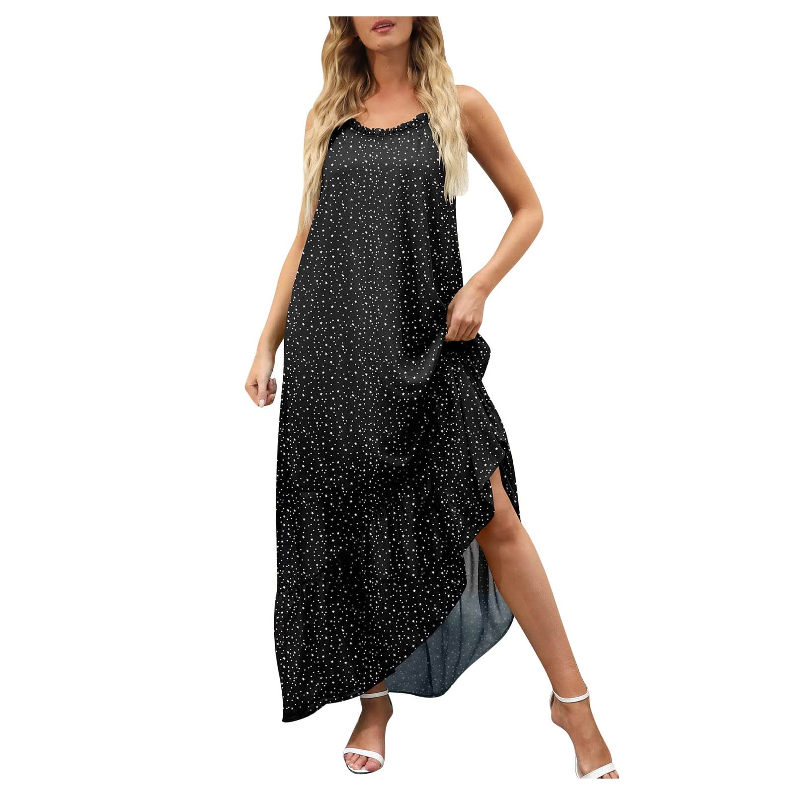 Stylish Summer Dresses for Women - Sleeveless Flowy Ruffle Linen Maxi Dress in Plus Sizes | Perfect for Vacation, Beach, Spring Outings & Casual Wear