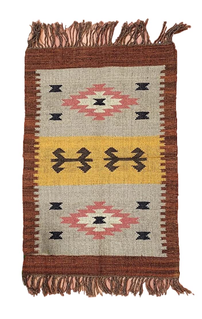 Vintage Novojo Dhurrie Rug - 4x6 Feet Handmade Wool Jute Area Rug with Bohemian Hippie Design - Perfect for Living Room, Bedroom or Boho Chic Home Decor by Rugs HUT