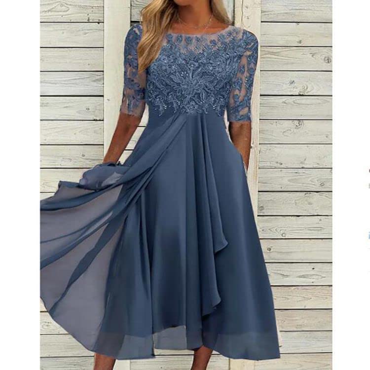 Elegant Akivide Women's Summer Chiffon Lace Maxi Dress with Half Sleeves - Flowy Formal Evening Gown for Wedding Guest, Party, Cocktail & Special Occasions