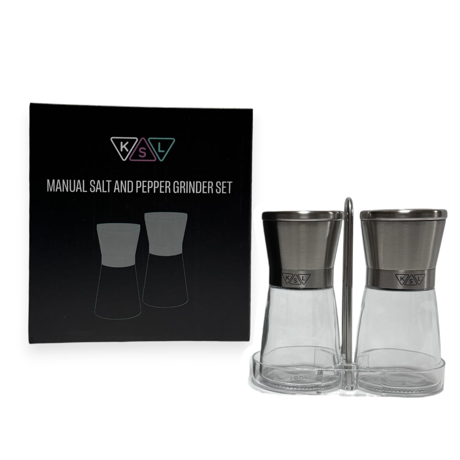 KSL Original Manual Glass Salt and Pepper Shakers Set - Stainless Steel Kitchen Seasoning Dispensers - Perfect Gift for Home Cooks & Dinner Parties - Ideal for Restaurants, Picnics, and Everyday Use