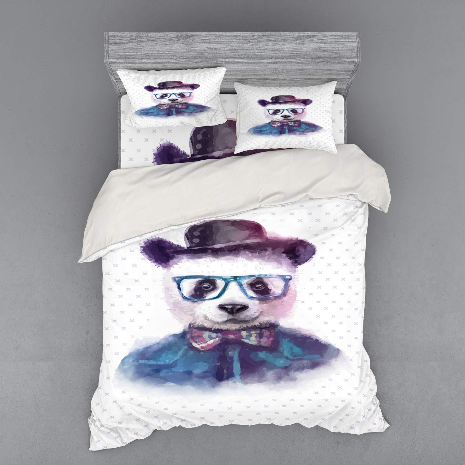 Ambesonne Vintage Hipster Panda Bedding Set - 4 Piece Duvet Cover with Shams & Fitted Sheet, Queen Size, Black Blue Watercolor Design | Perfect for Teens Rooms, College Dorms & Unique Home Decor