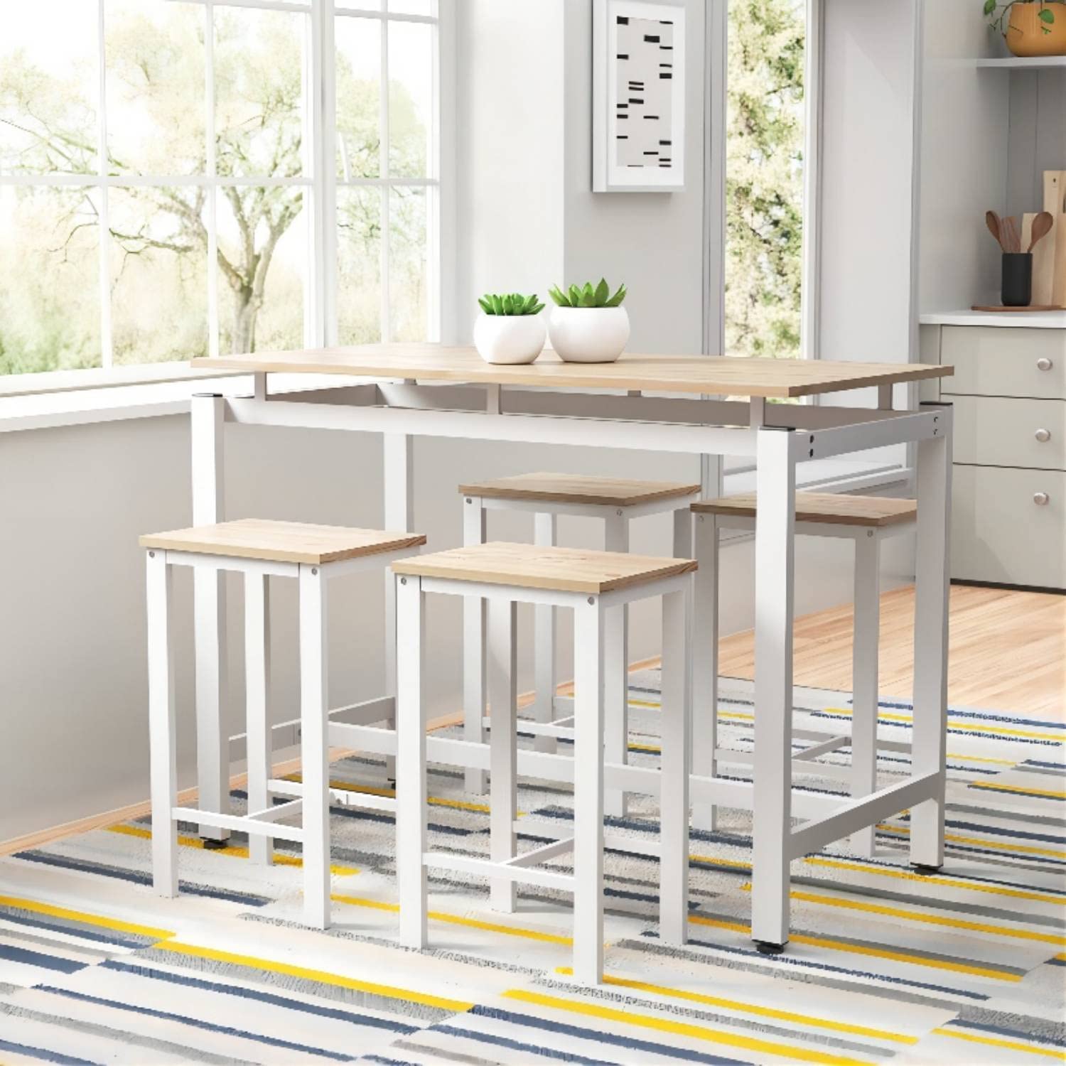 MIERES 5-Piece Wooden Pub Table Set for 4 - Elegant Beige & White Kitchen Dining Table (34.7
