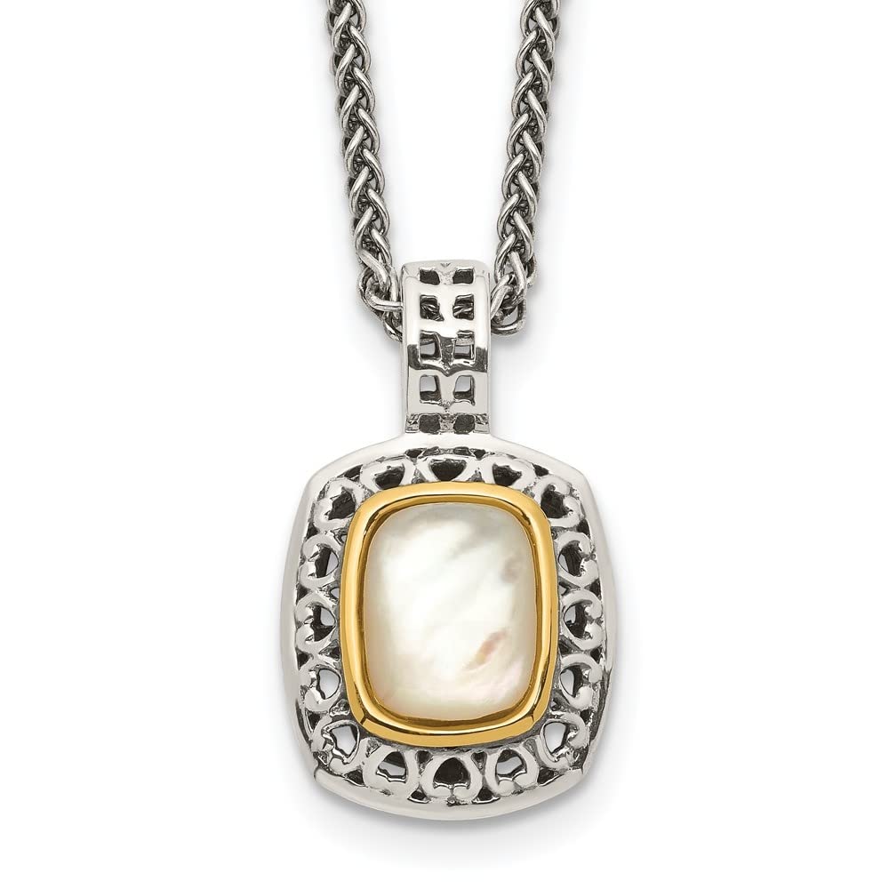 Antique Style Sterling Silver & 14k Gold Mother of Pearl Necklace - Elegant Vintage Jewelry for Women, Perfect for Weddings, Parties & Special Occasions