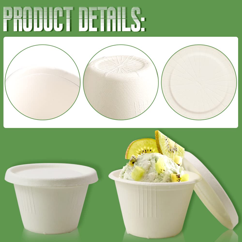 100 Pack 4oz Disposable Paper Cups with Lids - Eco-Friendly Bagasse Fiber Ice Cream Cups & Small Bowls for Condiments, Sauce, Desserts | Perfect for Parties, Picnics, Catering & Takeout