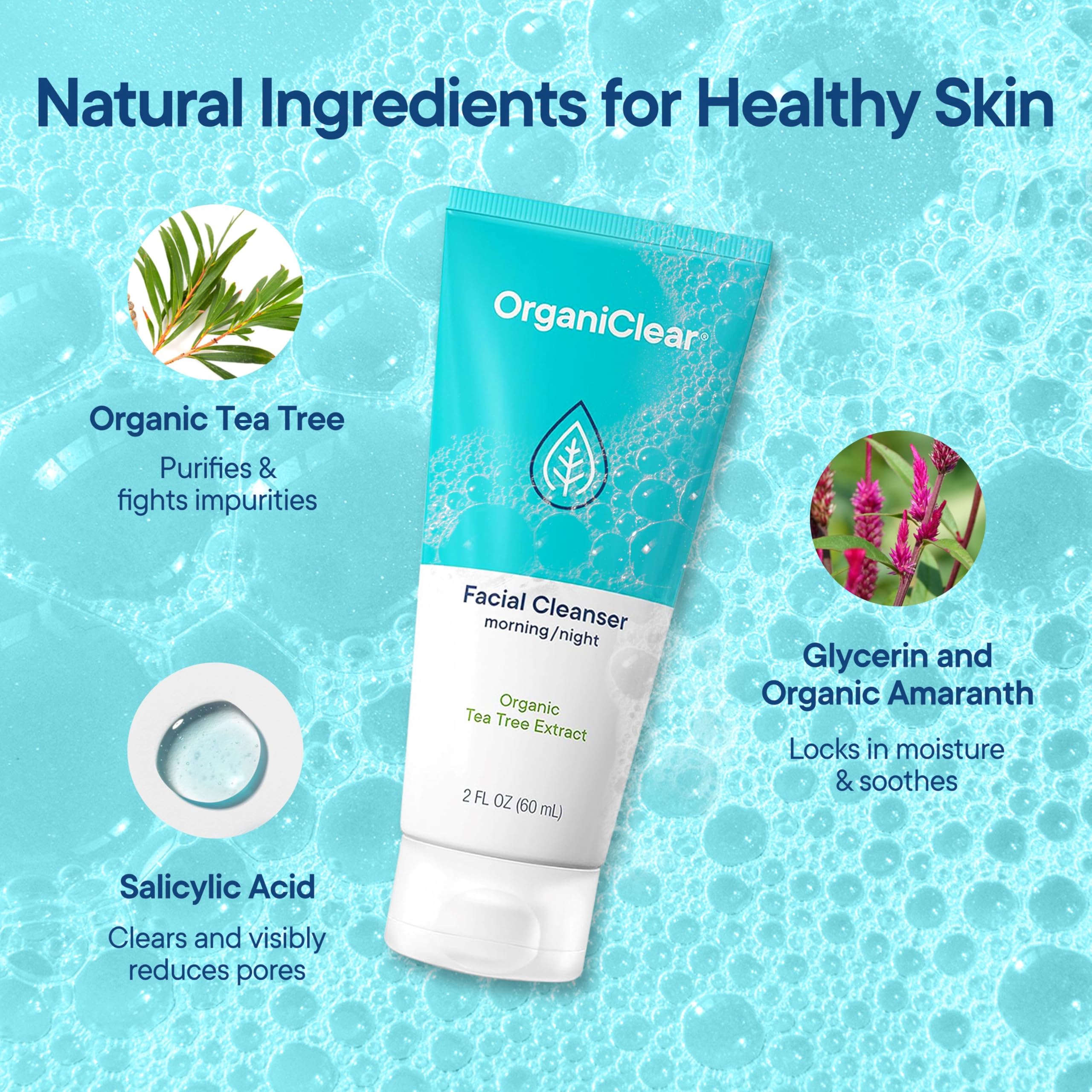 Organic Tea Tree & Salicylic Acid Facial Cleanser - Gentle Foaming Face Wash for Deep Cleansing, Makeup Removal & Acne Control - Unclogs Pores, Removes Dirt & Oil Without Dryness (2 oz) - Perfect for Daily Skincare Routine & Travel