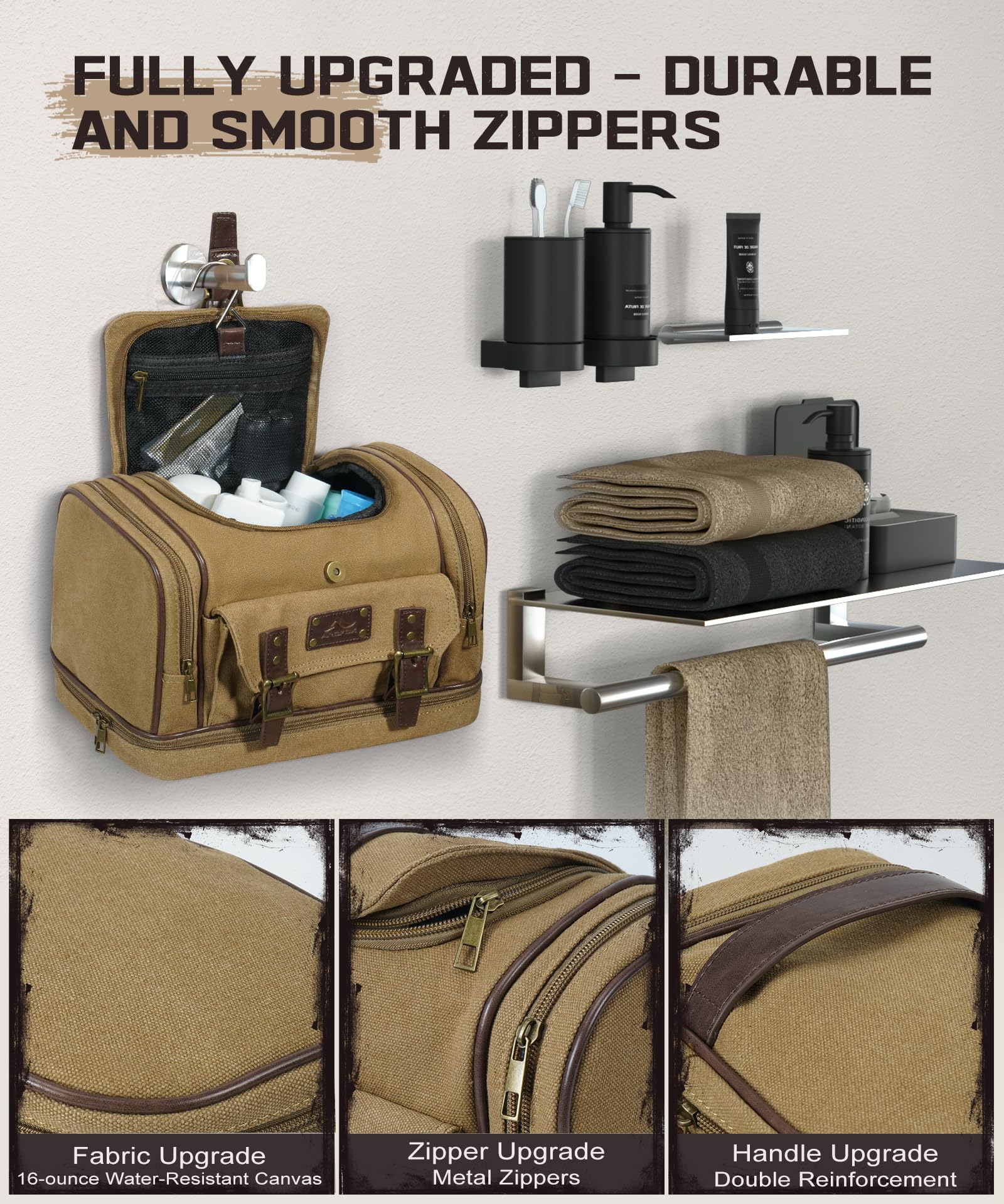 Premium Canvas Hanging Toiletry Bag for Men - 7 Compartment Travel Organizer with Hooks, Large Water-resistant Toiletry Bag for Gym, Camping, Business Trips & Vacation Essentials (Brown)