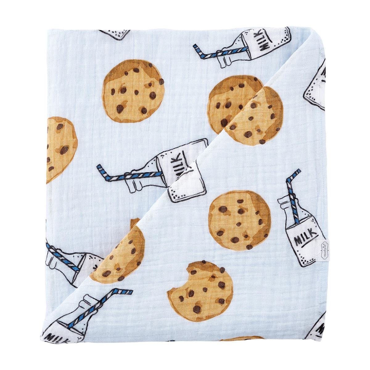 Mud Pie Muslin Swaddle Blanket - Milk and Cookies Blue Baby Wrap - Soft Breathable Cotton for Newborns, Infants & Toddlers - Perfect for Swaddling, Nursing, Stroller & Photo Shoots