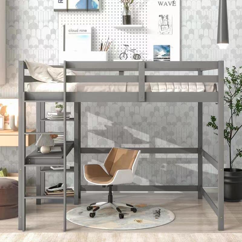 Aoowow Full Size Wood Loft Bed with Study Desk & Storage Shelves - Sturdy High Loft Bed Frame with Guardrail & Ladder for Kids & Teens - No Box Spring Needed (Gray) - Perfect for Small Bedrooms, Dorm Rooms & Space-Saving Kids' Rooms