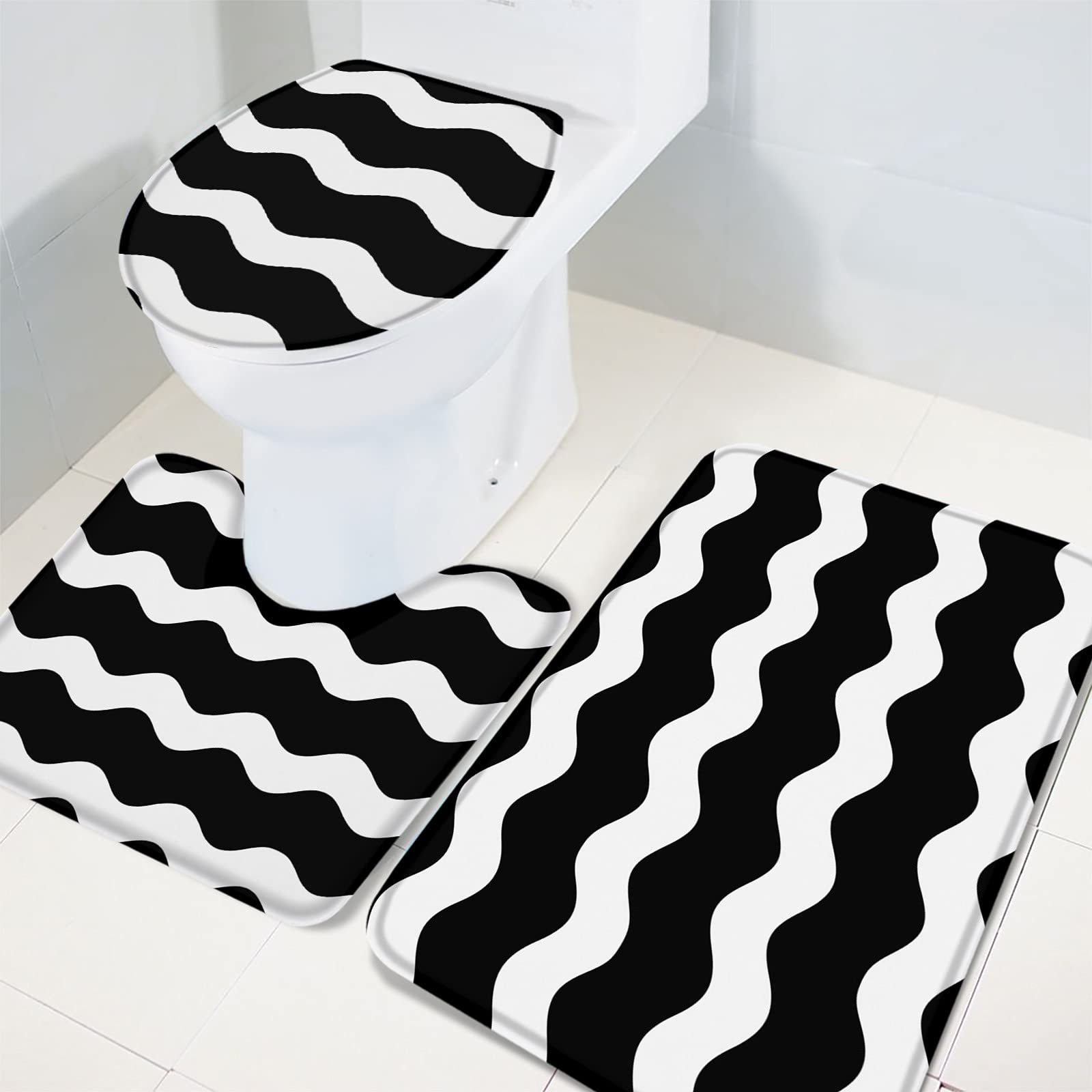 3-Piece Non-Slip Bathroom Rug Set - Absorbent Black & White Wave Design Bath Mat, Contour Mat & Toilet Cover - Soft Shower Mats for Modern Bathrooms - Perfect for Bathroom Safety and Minimalist Decor