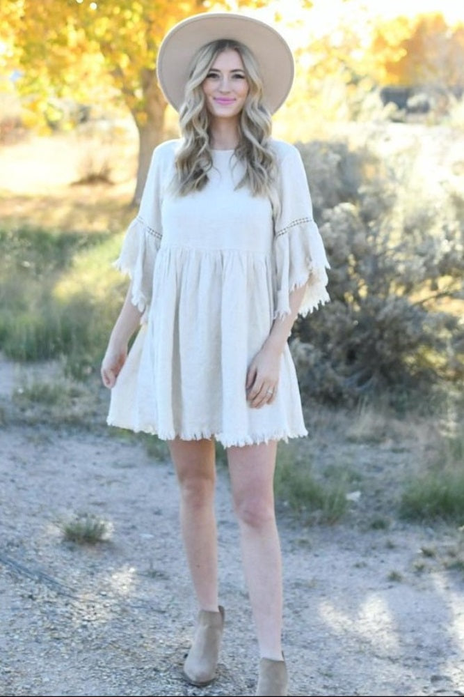 Beige Raw Edge Bell Sleeve Babydoll Dress for Women - Boho Chic Lace Trim Mini Dress - Perfect for Summer, Beach, Music Festivals & Date Nights