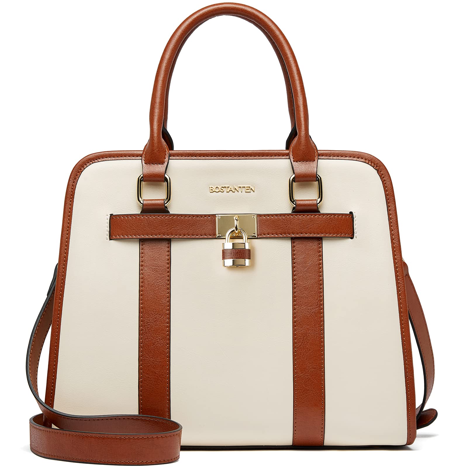 BOSTANTEN Women's Genuine Leather Handbag Designer Satchel Purse Two-Tone Top Handle Work Tote Shoulder Bag for Office, Travel & Everyday Use