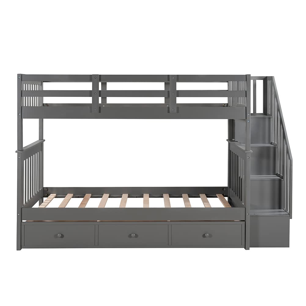 Twin Over Twin Wooden Bunk Bed with 3 Drawers - Space Saving Bunk Bed for Kids & Teens - No Box Spring Required - Perfect for Small Bedrooms, Dorm Rooms & Guest Rooms (Gray)