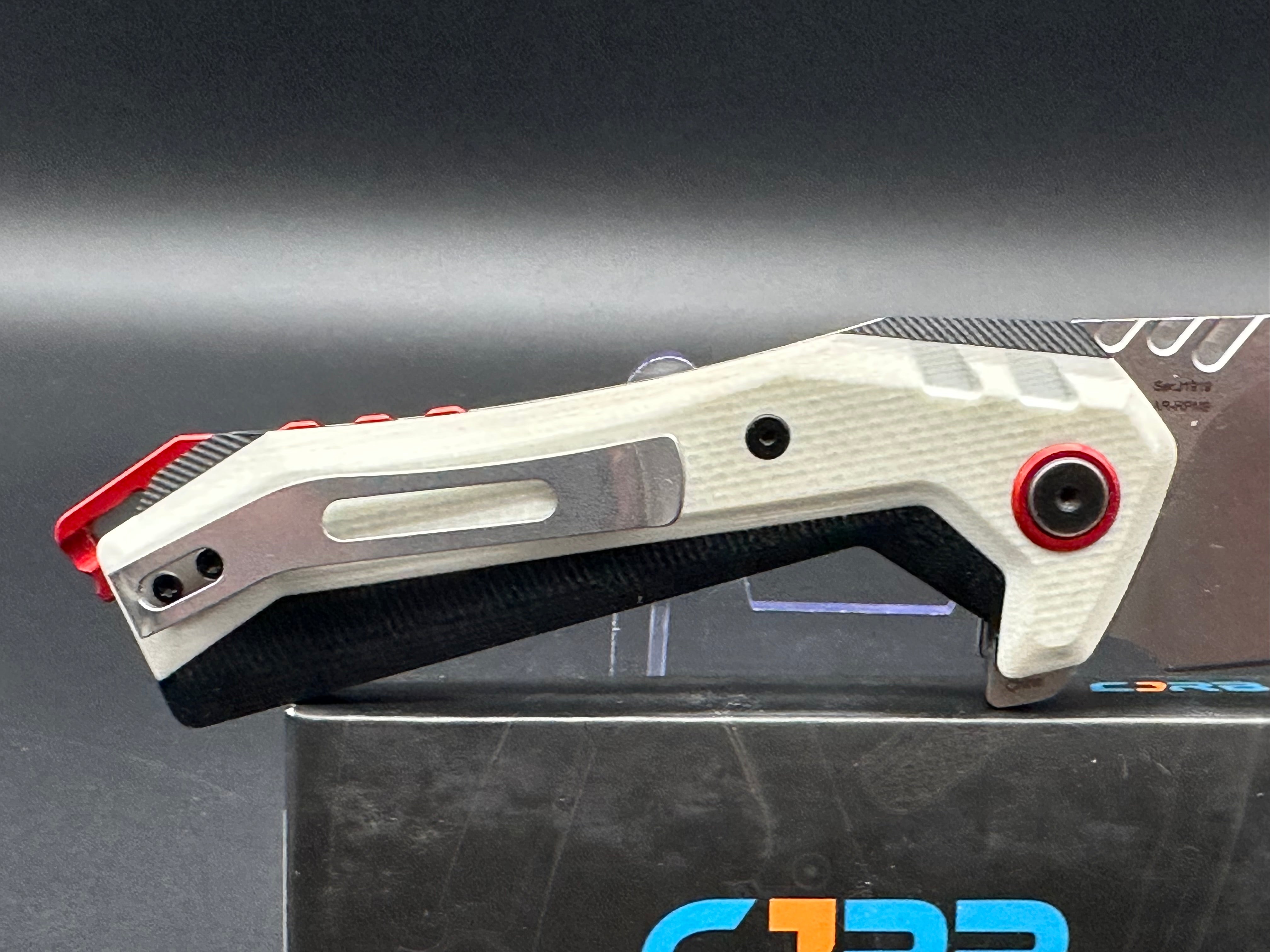 CJRB Tigris Folding Knife - White/Black G10 Handle, AR-RPM9 Cleaver Blade, Plain Edge Stonewash Finish (Model J1919WH) | EDC, Outdoor Survival, Camping & Everyday Carry Knife