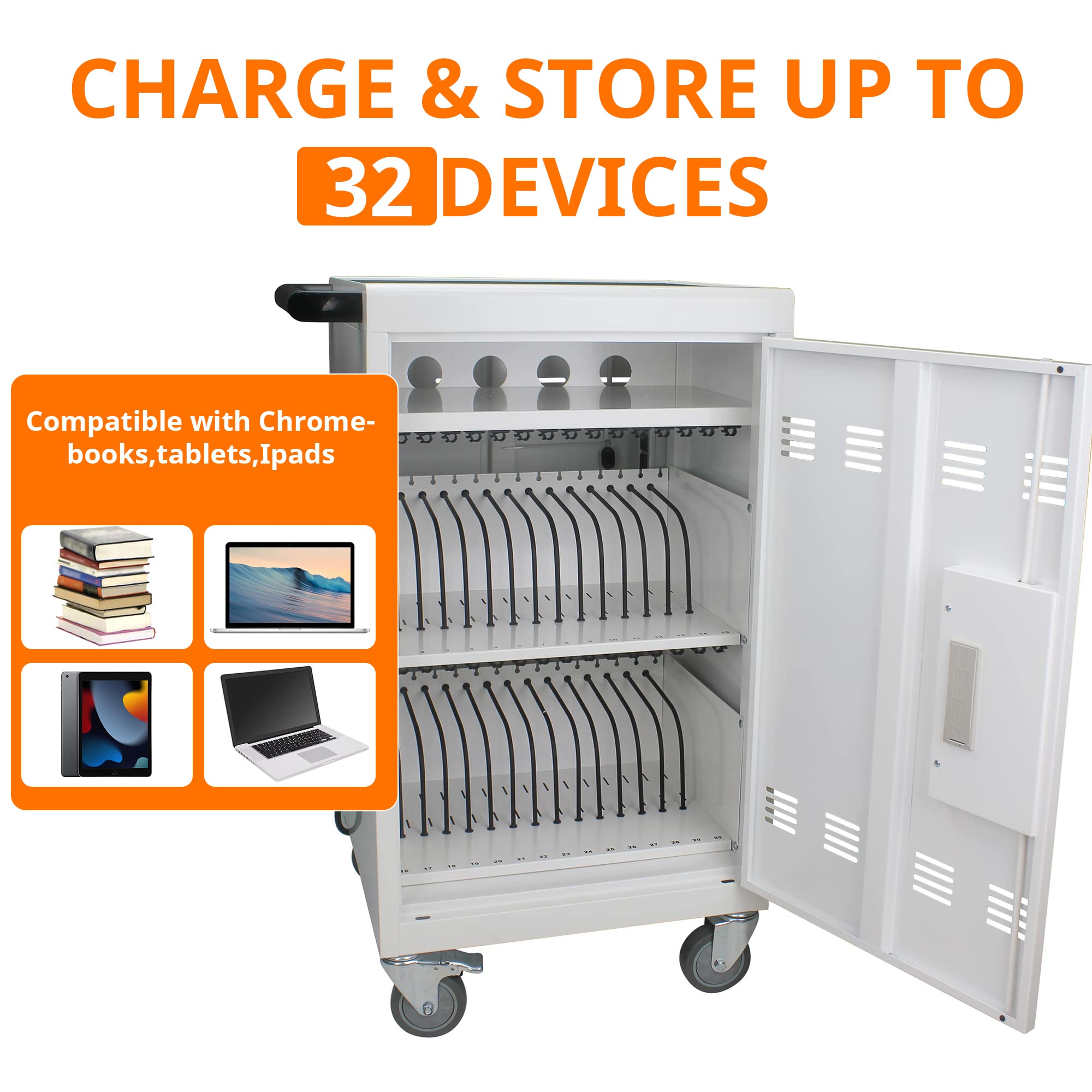 32-Port Mobile Charging Cart with Password Lock - Secure Charging Station for iPads, Chromebooks & Laptops - Lockable Front/Back Doors & Surge Protection - Ideal for Schools, Offices & Libraries