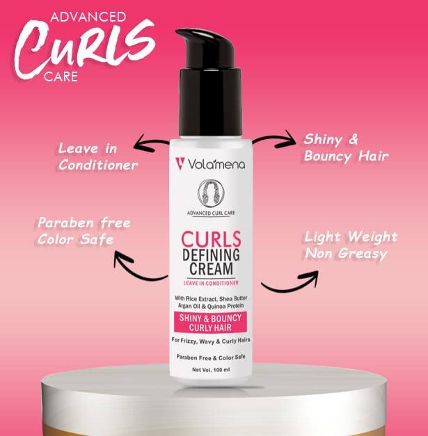 Volamena Curl Defining Leave-In Hair Conditioning Cream with Rice Extract, Argan Oil, Quinoa Protein & Shea Butter - Defines & Styles Curls - 100ml - Perfect for Natural, Wavy & Coily Hair Care Routine