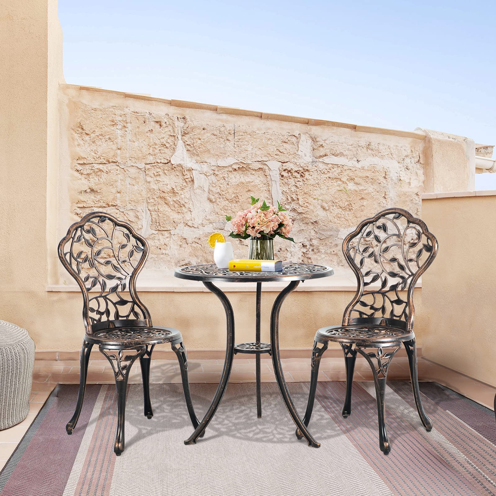 Patiorama 3-Piece Outdoor Bistro Set - Cast Aluminum Patio Furniture with Rust-Resistant All-Weather Design, Decorative Leaf Pattern & Antique Copper Finish - Perfect for Garden, Balcony or Backyard Relaxation