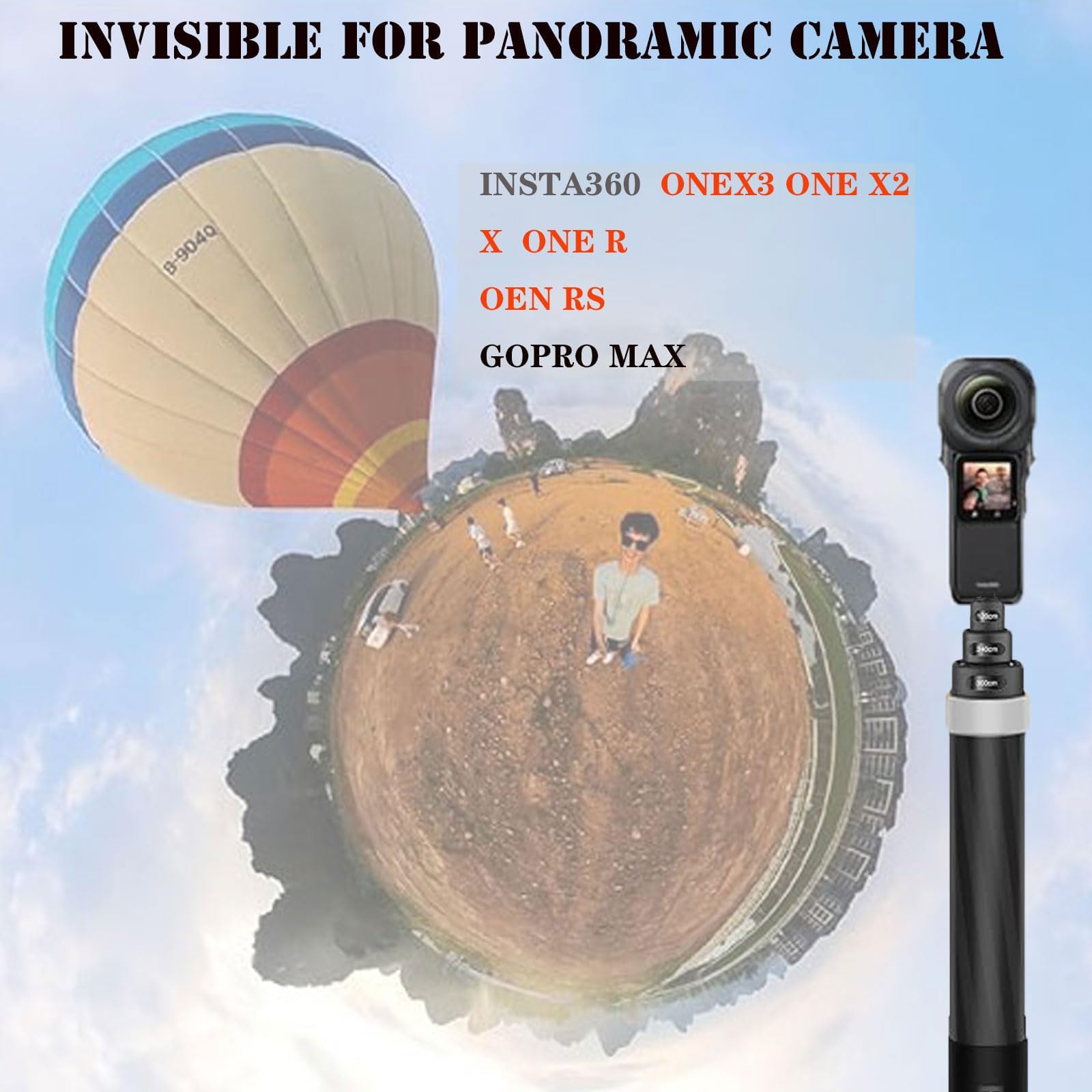 3M 9.8ft Extended Edition Invisible True Carbon Fiber Selfie Stick for Insta360 X4/X3/X2/ONE R/ONE X Action Cameras - Lightweight & Durable Camera Accessories (Grey) - Perfect for Vlogging, Travel & Adventure Photography