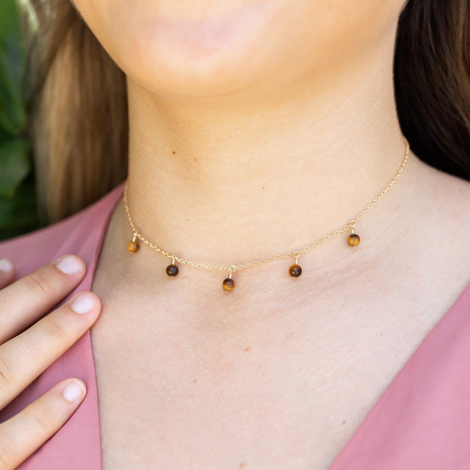 Natural Tiger's Eye Bead Drop Choker Necklace for Women - Boho Chic Jewelry for Layering, Gift Giving & Everyday Wear