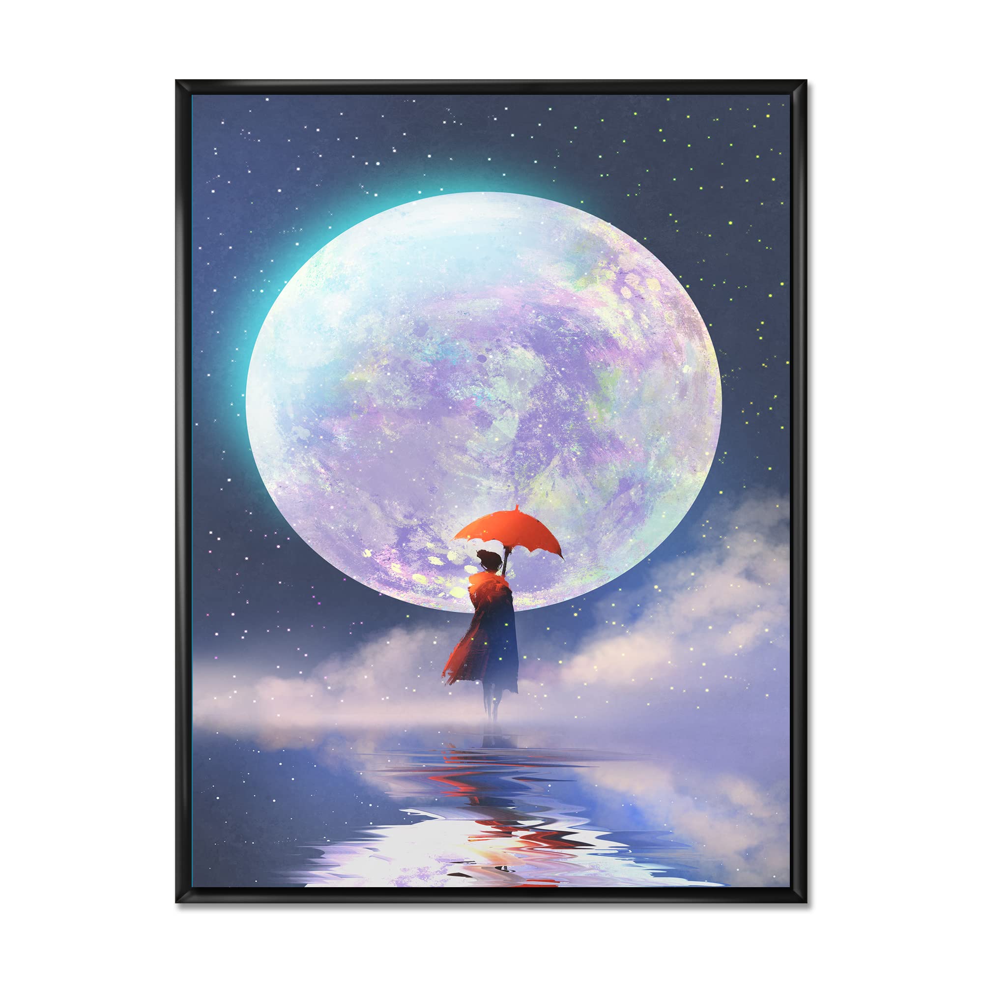 DesignQ Traditional Framed Canvas Wall Art Print - Woman with Umbrella Standing on Water Against Moon - Perfect for Living Room, Bedroom & Office Decor