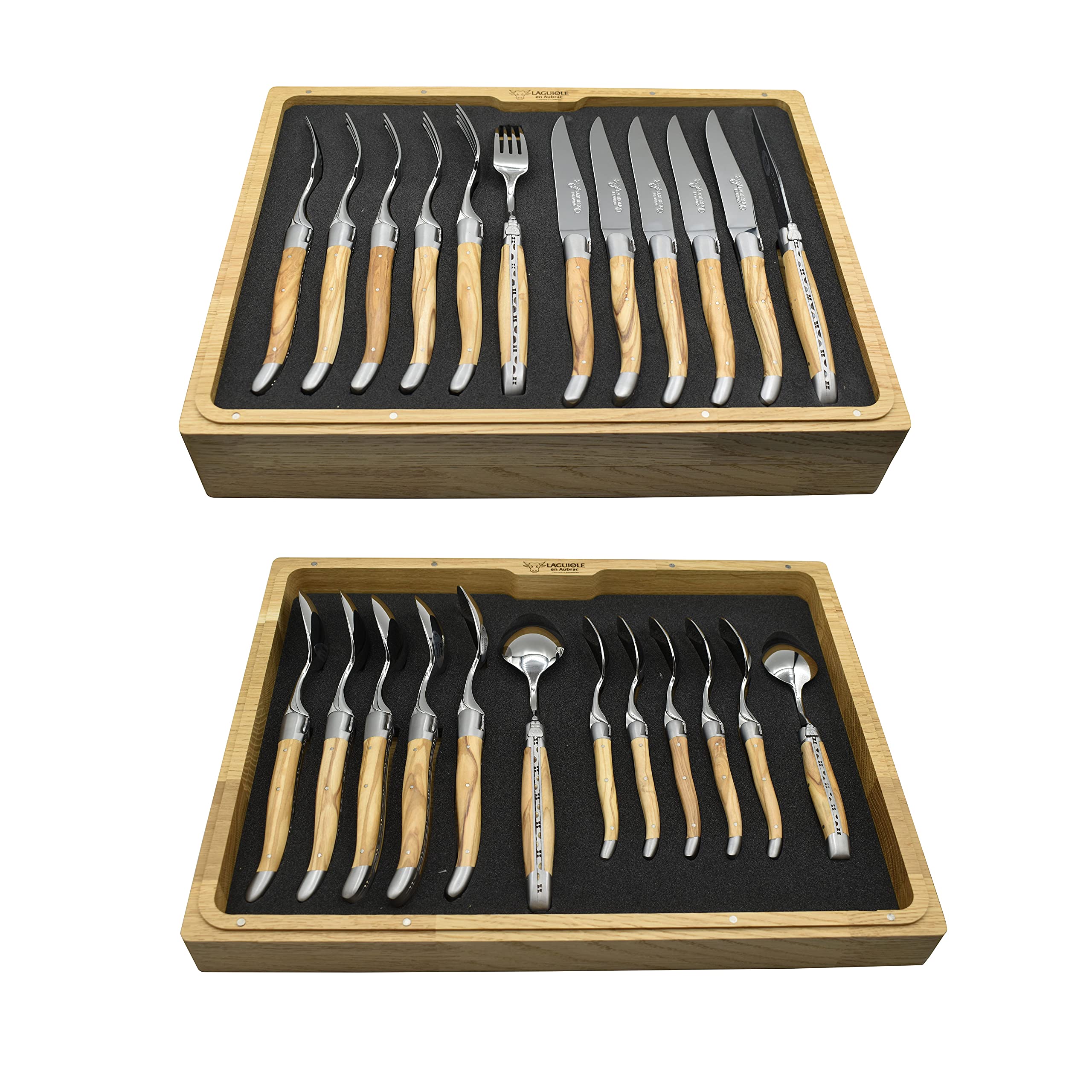 Premium Laguiole en Aubrac 24-Piece Flatware Set - 6 Steak Knives, 6 Forks, 6 Soup & 6 Tea Spoons - Olive Wood Handle & Stainless Steel Brushed Bolsters - Elegant Dinnerware for Fine Dining & Entertaining