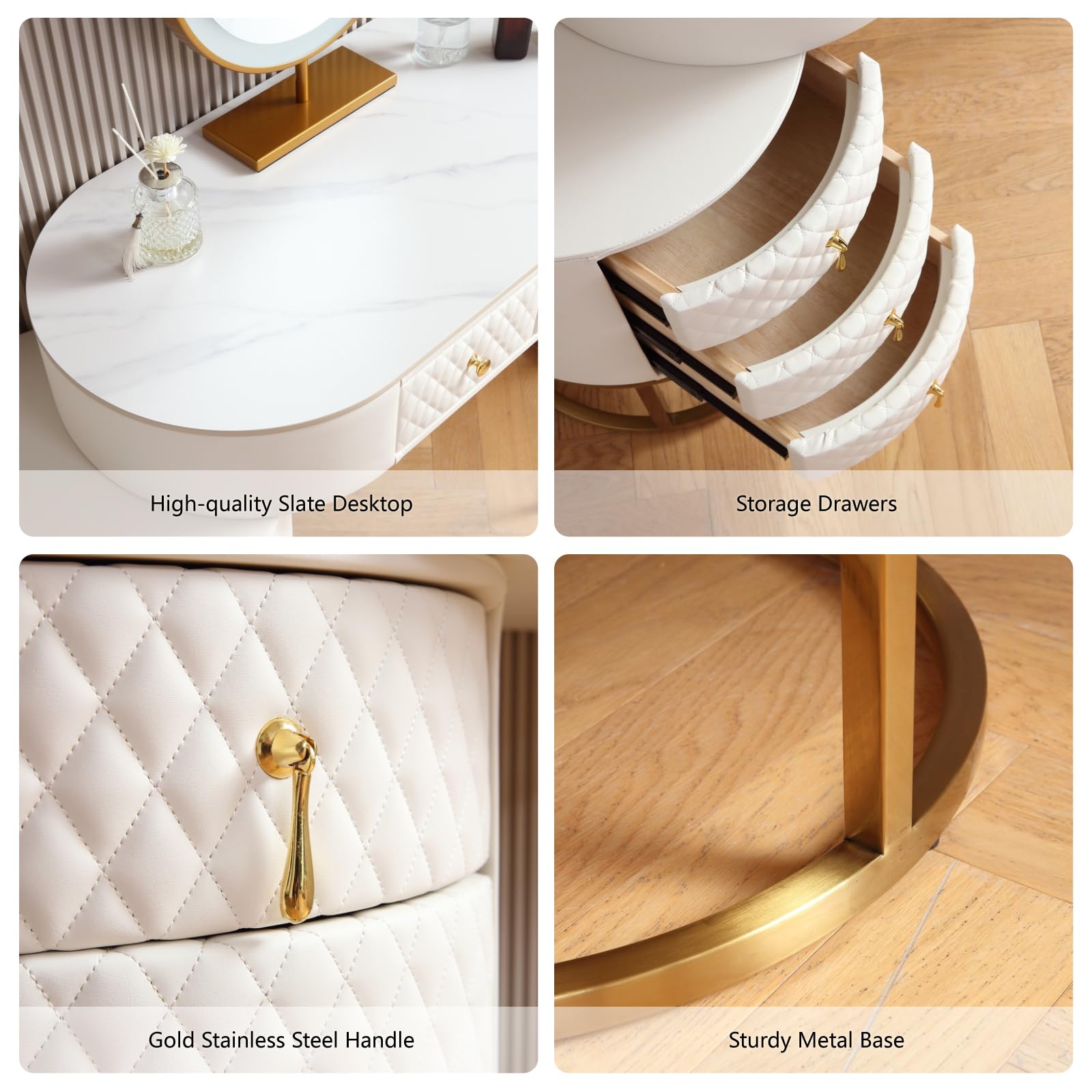 Luxury White Faux Leather Vanity Desk Set with LED Mirror & Stool - Perfect for Dressing & Makeup