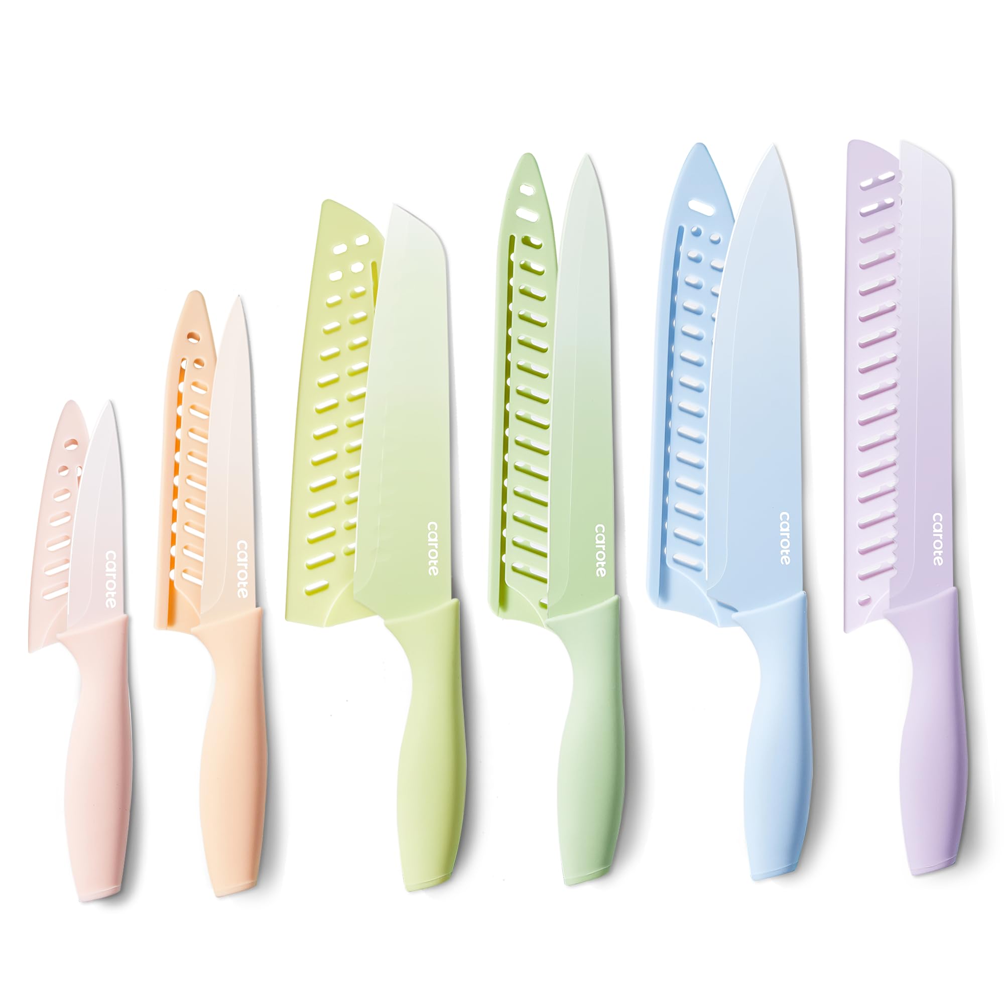 CAROTE 12-Piece Kitchen Knife Set - Stainless Steel Blades with Ceramic Nonstick Coating, Dishwasher Safe Cutlery with Blade Guards (Multicolor) - Perfect for Home Cooking, Professional Chefs & Gift Giving