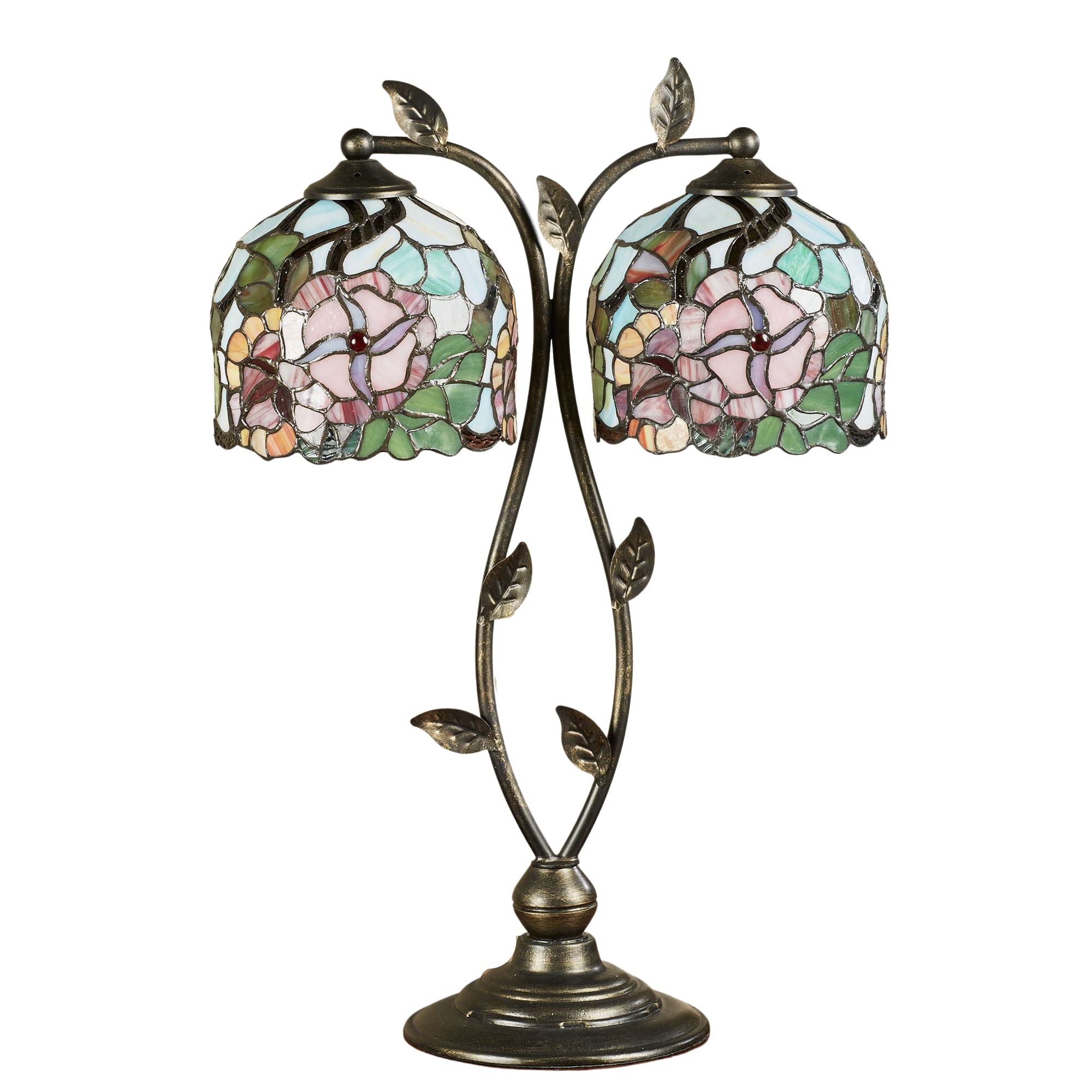 Handcrafted Tiffany Style Jacinthia Floral Stained Glass Table Lamp - Red & Pink Flowers, Double Shade, Hand-Painted - Elegant Bedroom & Desk Lighting for Home Decor, Living Room, Office