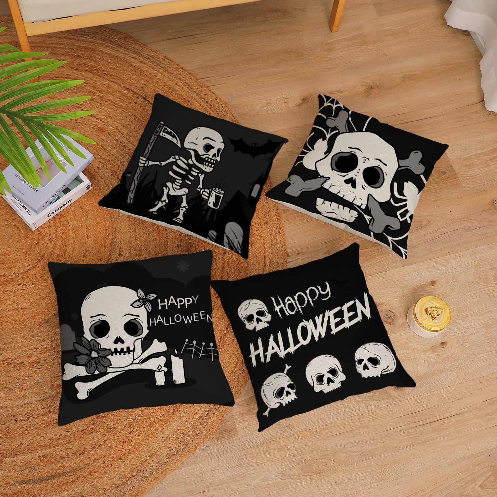 Halloween Pillow Covers 12x12 Set of 4 - Black Skeleton Ghost Throw Pillow Cases for Couch, Sofa & Outdoor Decor - Spooky Home Decorations for Halloween Party, Living Room & Porch