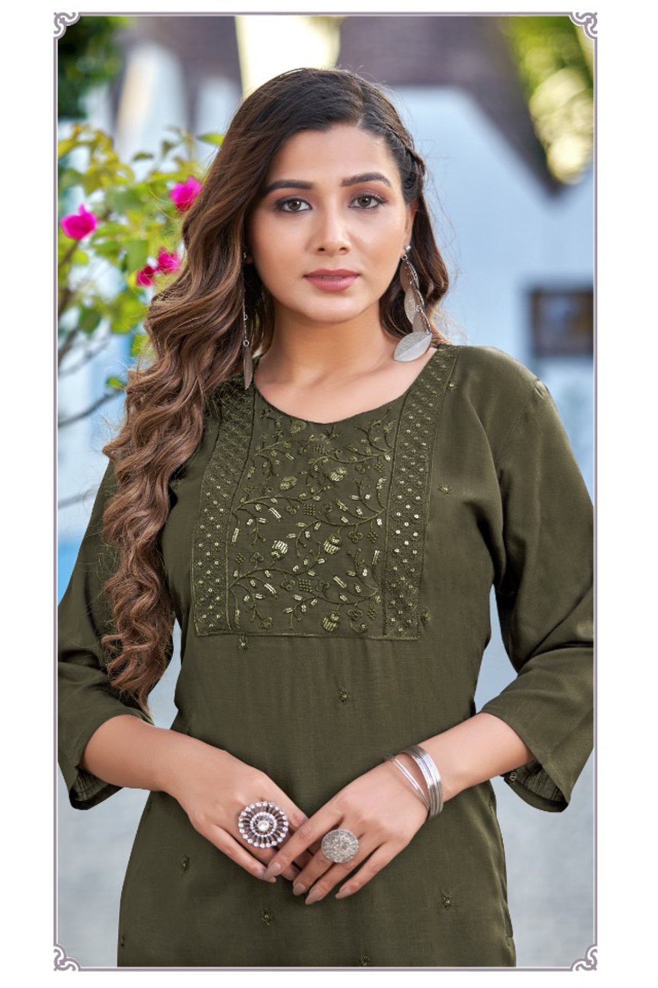 Elegant Smokey Green Long Kurti - Rayon Cotton Blend with Sequins & Embroidery (D1177) | Perfect for Festivals, Weddings & Ethnic Fashion