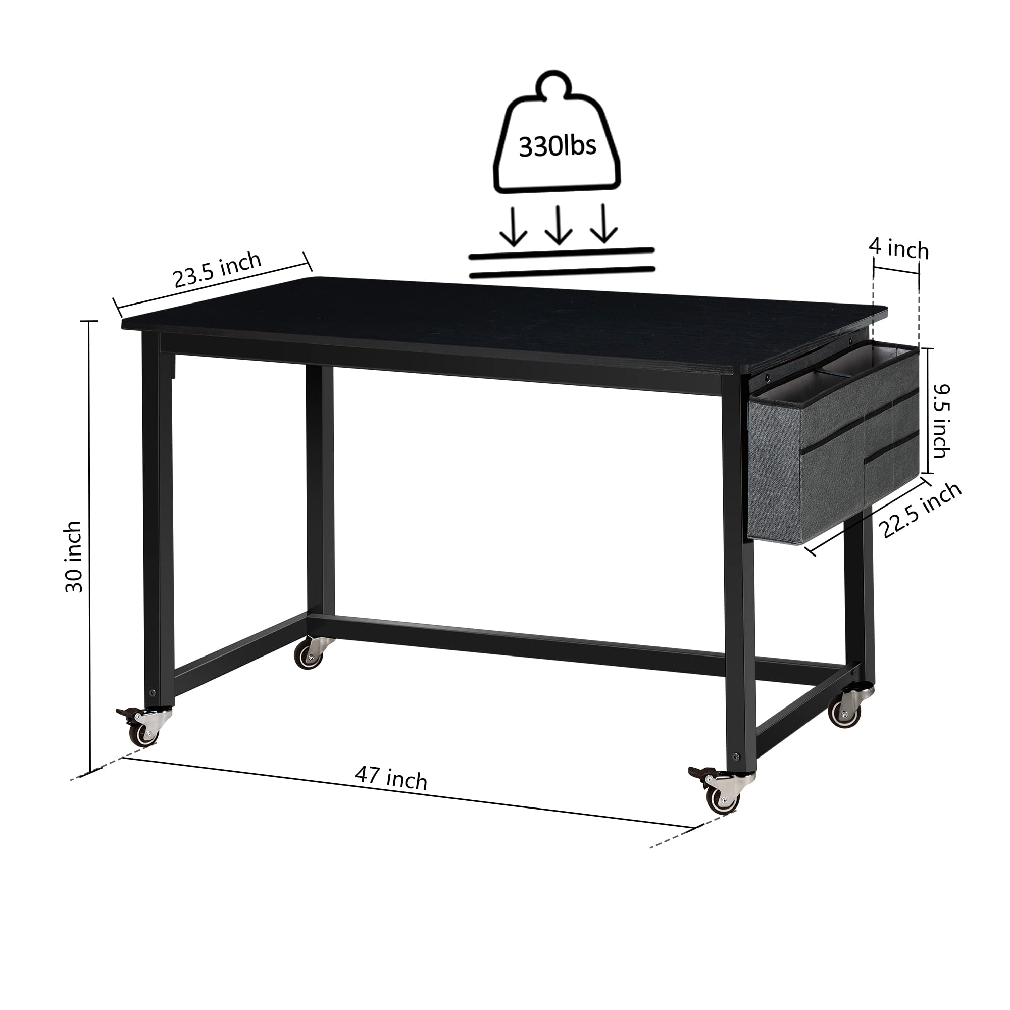AHB 47-Inch Rolling Computer Desk with 4 Smooth Wheels - Mobile Writing Desk for Home Office & Study - Sturdy Metal Frame Workstation for Small Spaces & Dorm Rooms