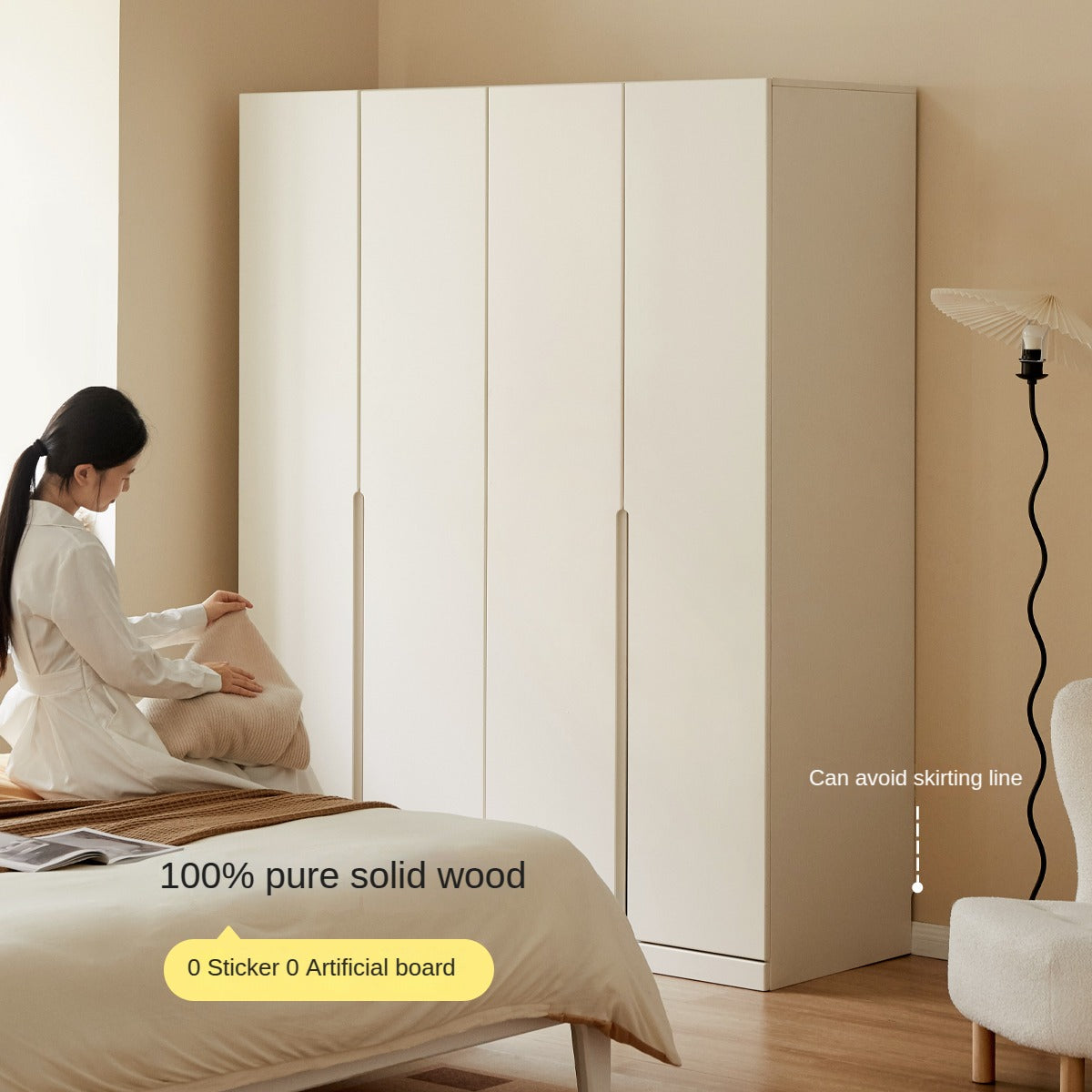 Modern Nordic Style Solid Wood Wardrobe - Beech & Rubber Wood, Cream Finish - Perfect for Bedroom, Living Room, and Office Storage