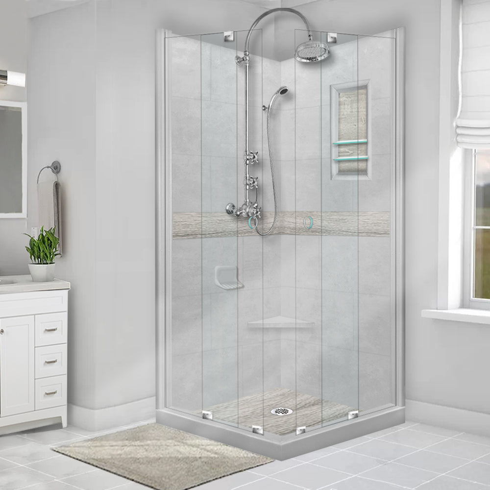 Corner Portland Cement Sistine Stone & Sterling Oak Wood Accent - DIY Shower Remodel Kit for Bathroom Renovation | Waterproof & Durable Shower Wall Panels | Easy Installation for Home Improvement Projects