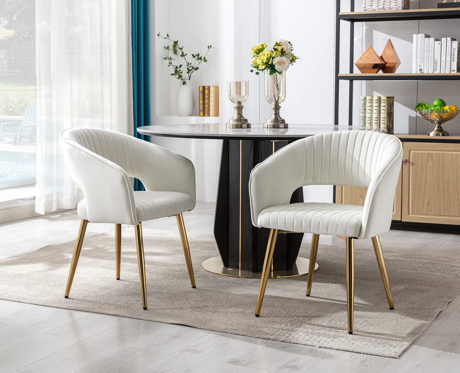 Guyou Cream Velvet Dining Chairs with Gold Legs - Set of 4 Modern Upholstered Kitchen & Dining Room Chairs, Hollow Back Accent Chairs for Living Room, Office, Restaurant & Home Decor (Cream, 4 Pack)