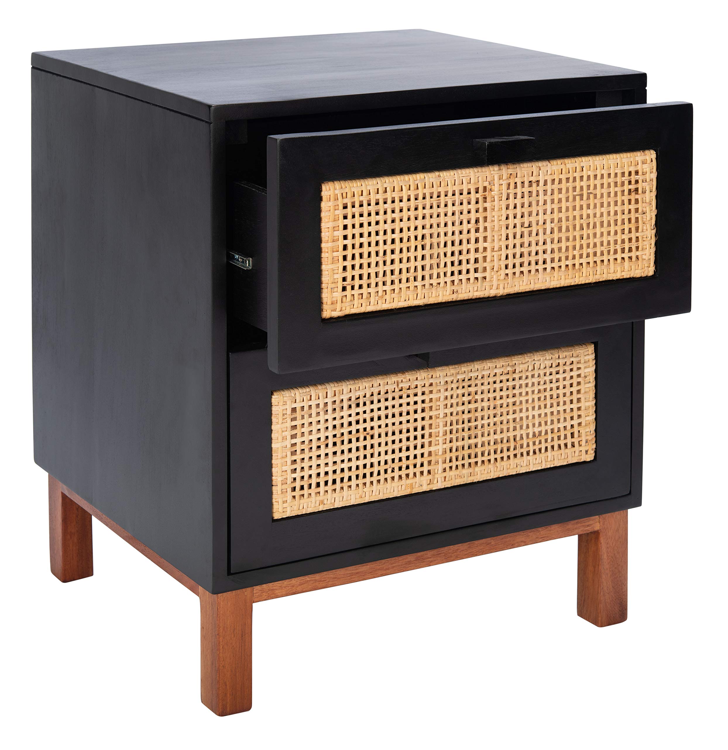 SAFAVIEH Home Collection Erica Black & Natural Rattan 2-Drawer Nightstand - Modern Bedside Table for Bedroom Decor, Storage Solution